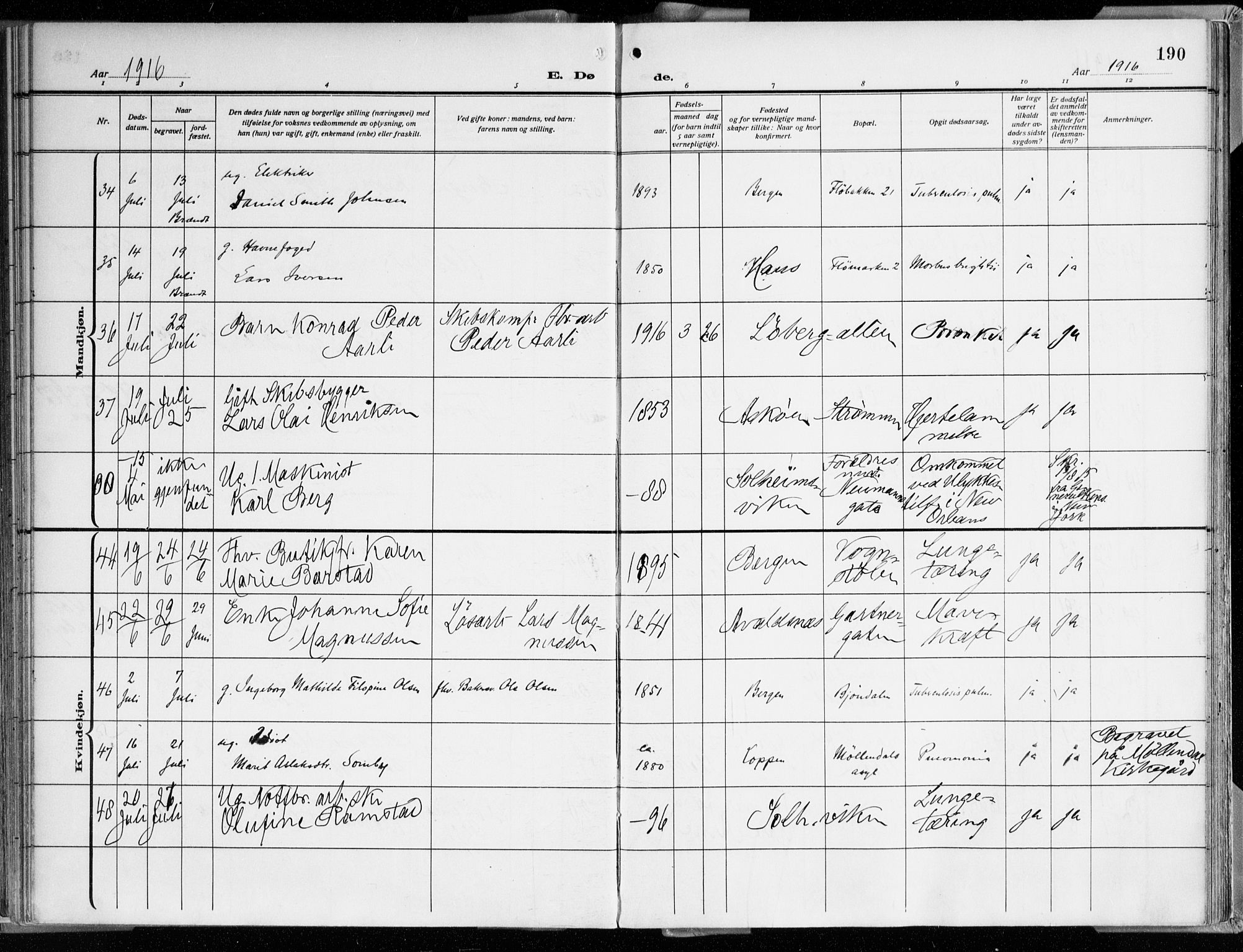 Årstad Sokneprestembete, AV/SAB-A-79301/H/Haa/L0003: Ministerialbok nr. A 3, 1914-1919, s. 190