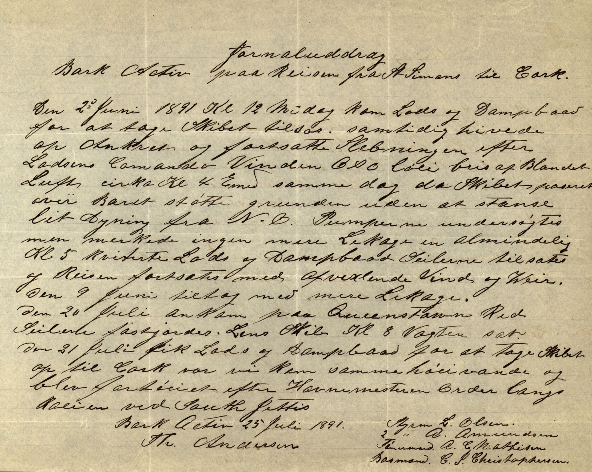 Pa 63 - Østlandske skibsassuranceforening, VEMU/A-1079/G/Ga/L0027/0005: Havaridokumenter / Activ, Sarah Humphrey, Lydia, Achilles, J. Williams, 1891, s. 2