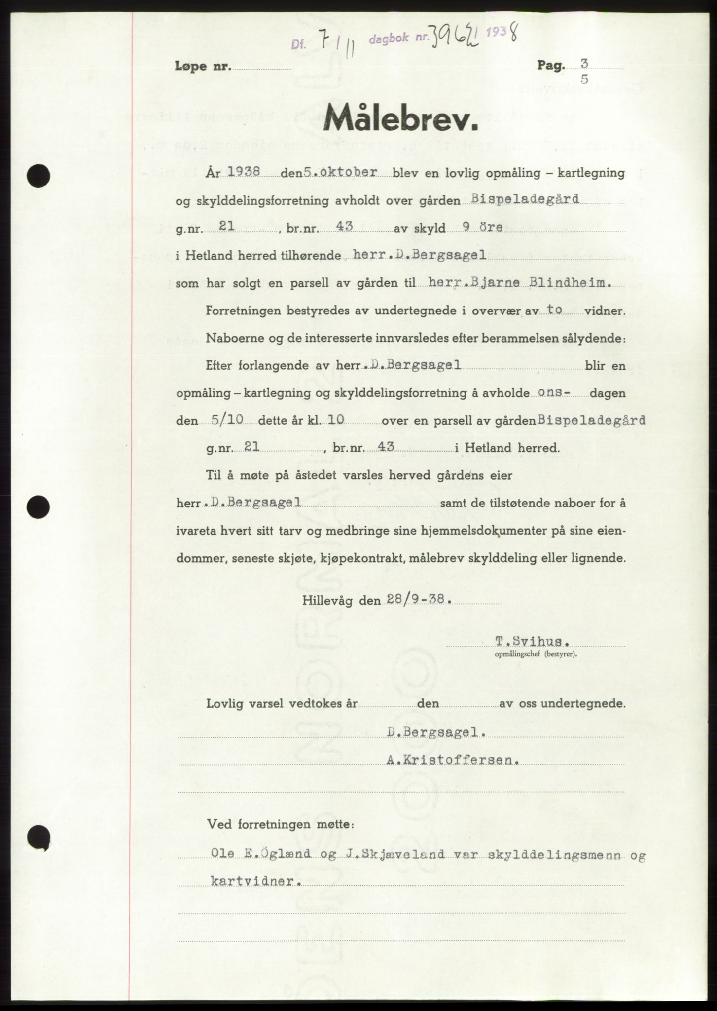 Jæren sorenskriveri, SAST/A-100310/03/G/Gba/L0072: Pantebok, 1938-1938, Dagboknr: 3962/1938