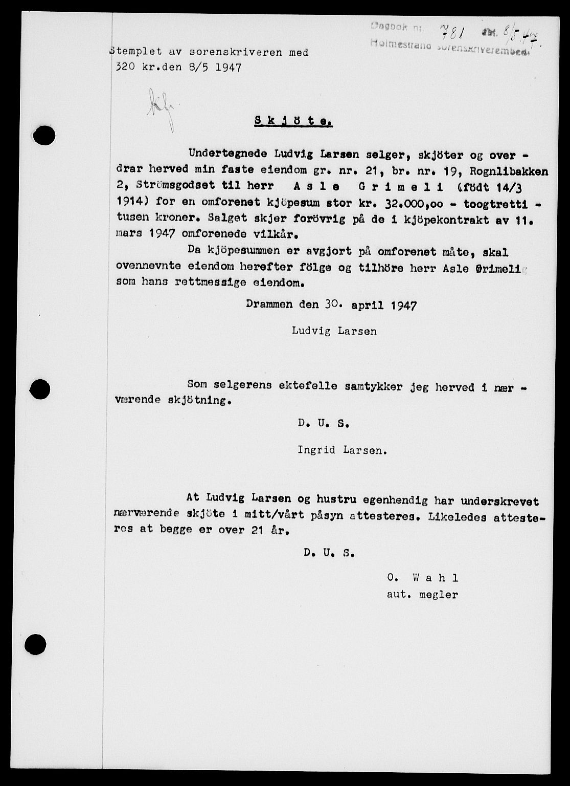 Holmestrand sorenskriveri, SAKO/A-67/G/Ga/Gaa/L0062: Pantebok nr. A-62, 1947-1947, Dagboknr: 781/1947