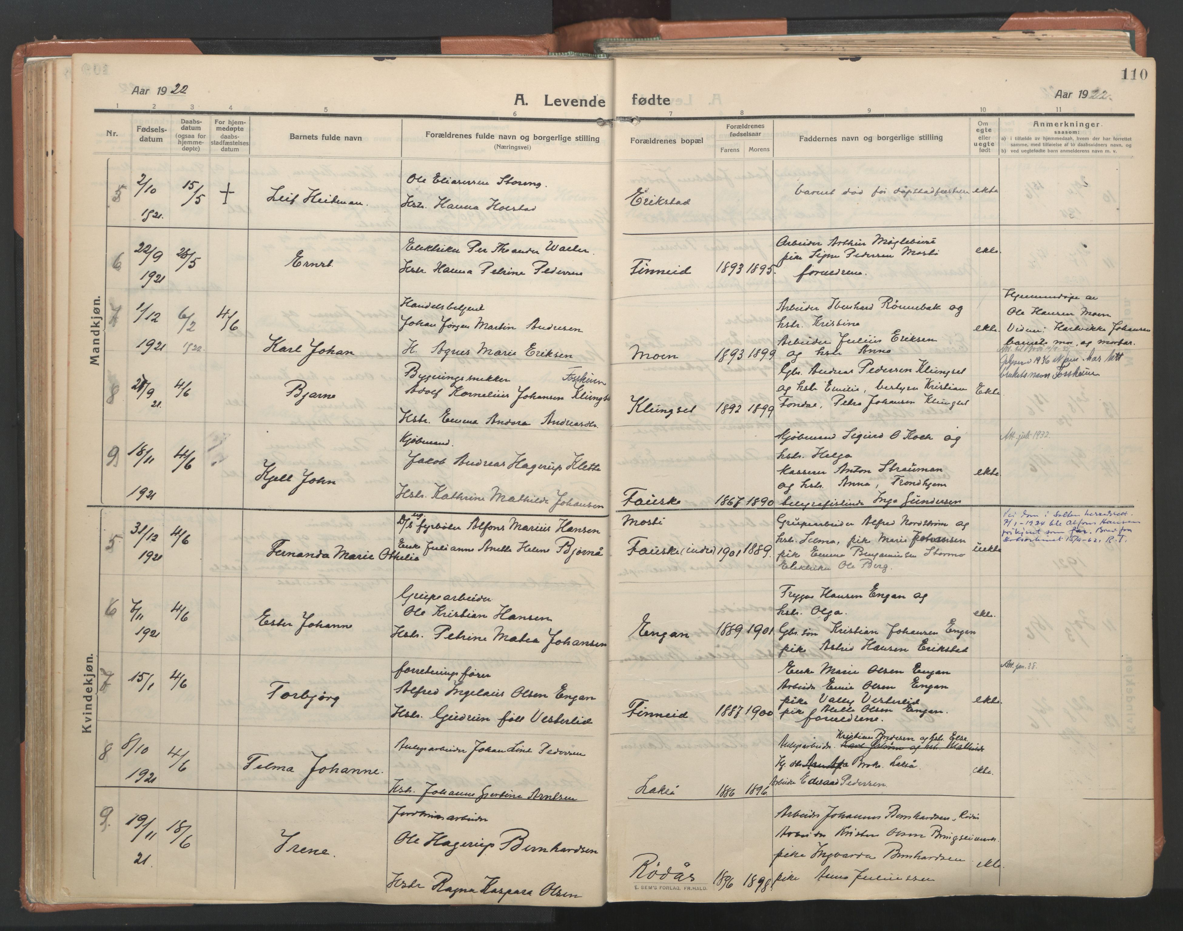 Ministerialprotokoller, klokkerbøker og fødselsregistre - Nordland, AV/SAT-A-1459/849/L0698: Ministerialbok nr. 849A09, 1911-1924, s. 110