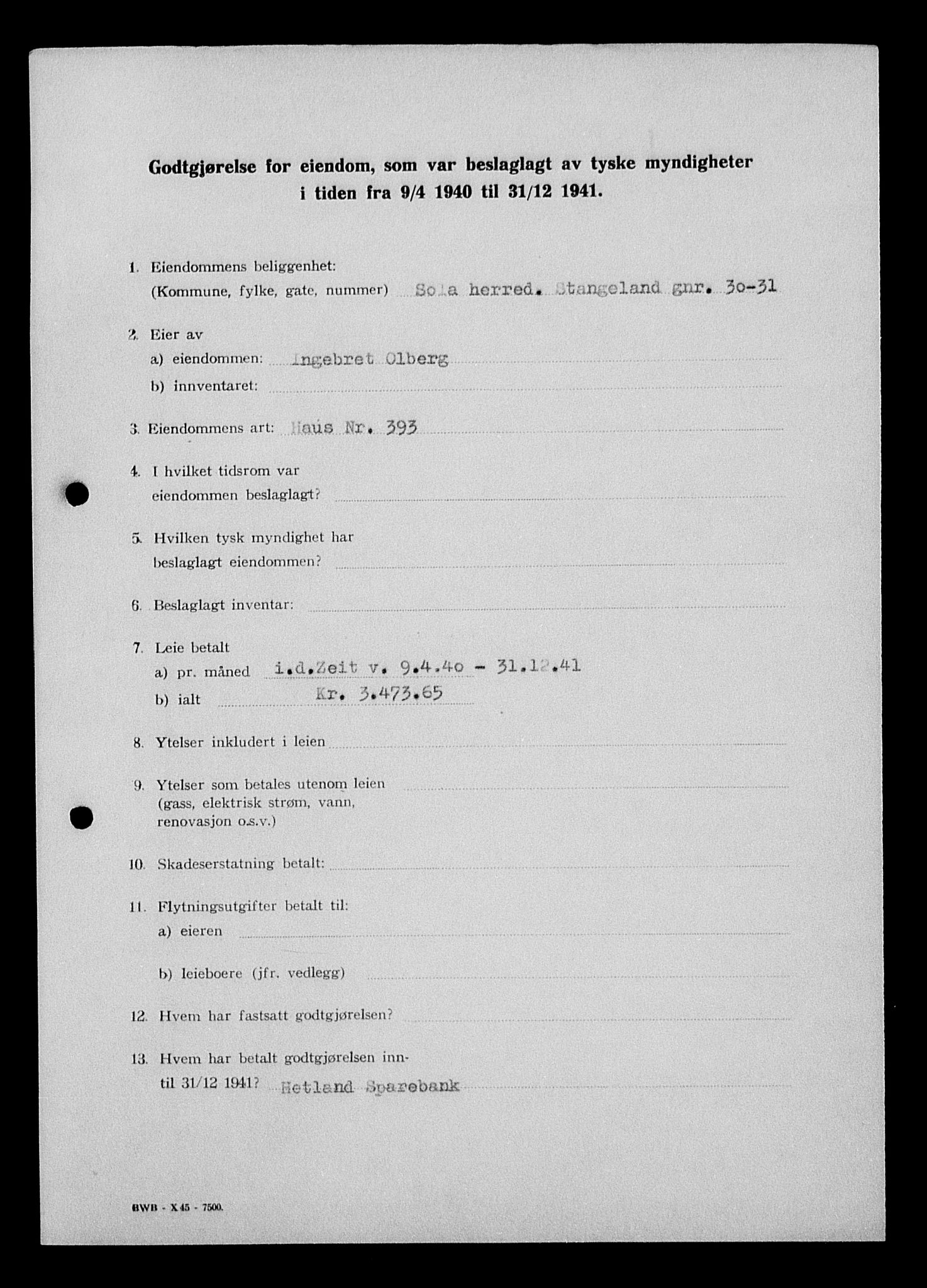 Justisdepartementet, Tilbakeføringskontoret for inndratte formuer, AV/RA-S-1564/I/L1015: Godtgjørelse for beslaglagt eiendom, 1940-1941, s. 24