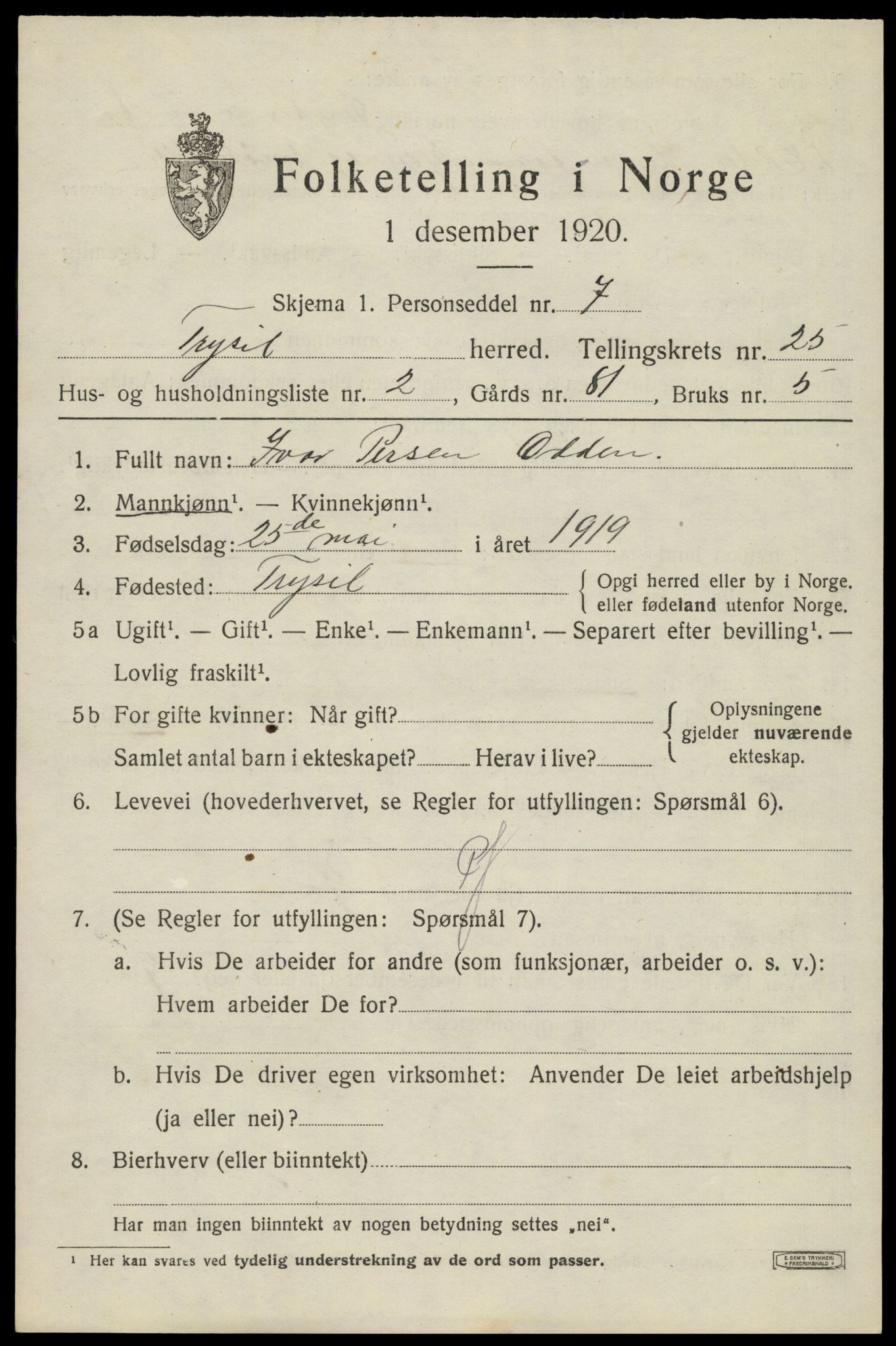 SAH, Folketelling 1920 for 0428 Trysil herred, 1920, s. 15709