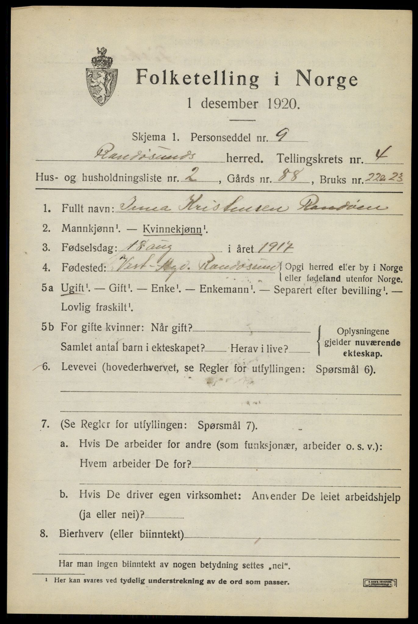 SAK, Folketelling 1920 for 1011 Randesund herred, 1920, s. 1812