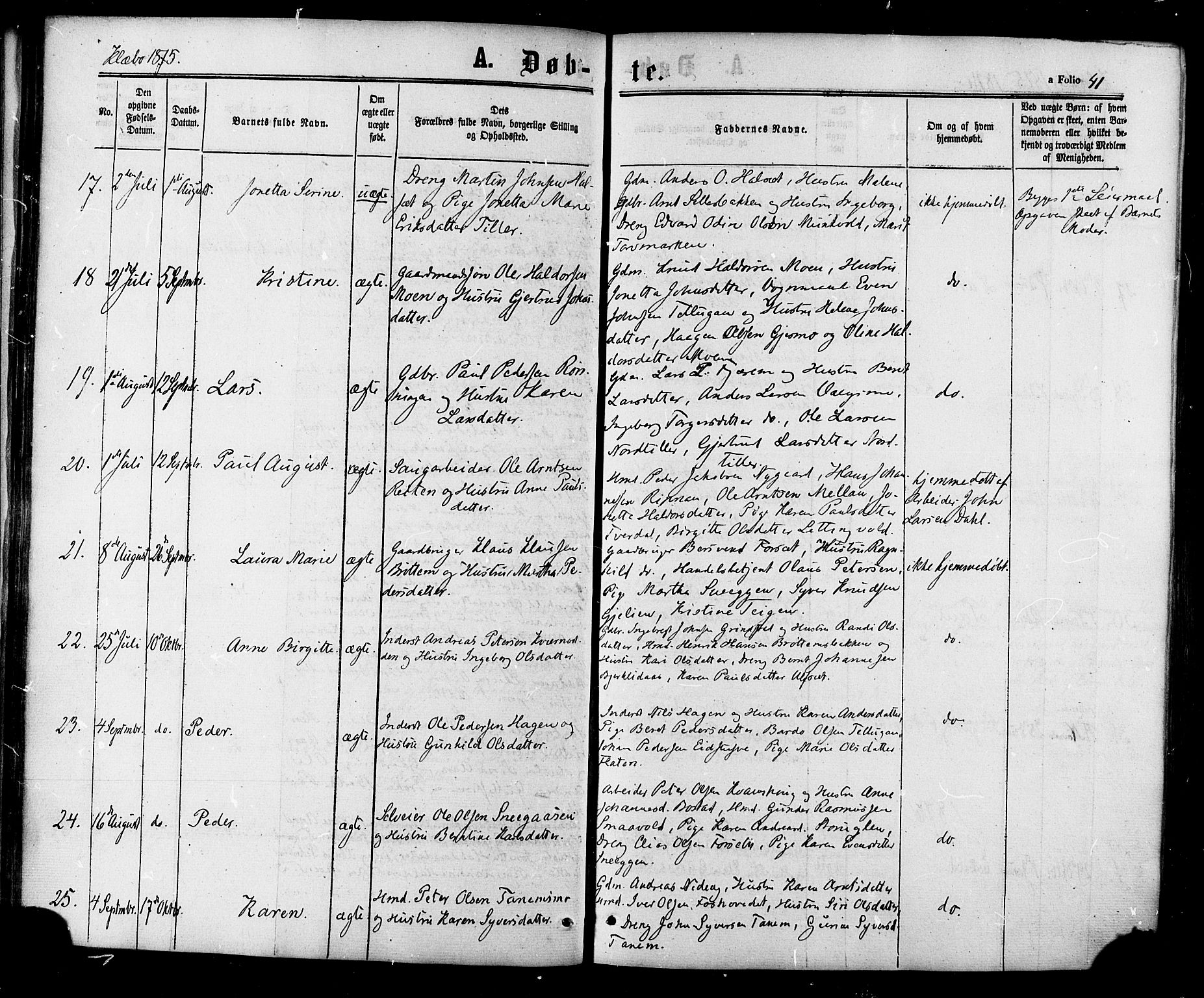 Ministerialprotokoller, klokkerbøker og fødselsregistre - Sør-Trøndelag, AV/SAT-A-1456/618/L0442: Ministerialbok nr. 618A06 /1, 1863-1879, s. 41