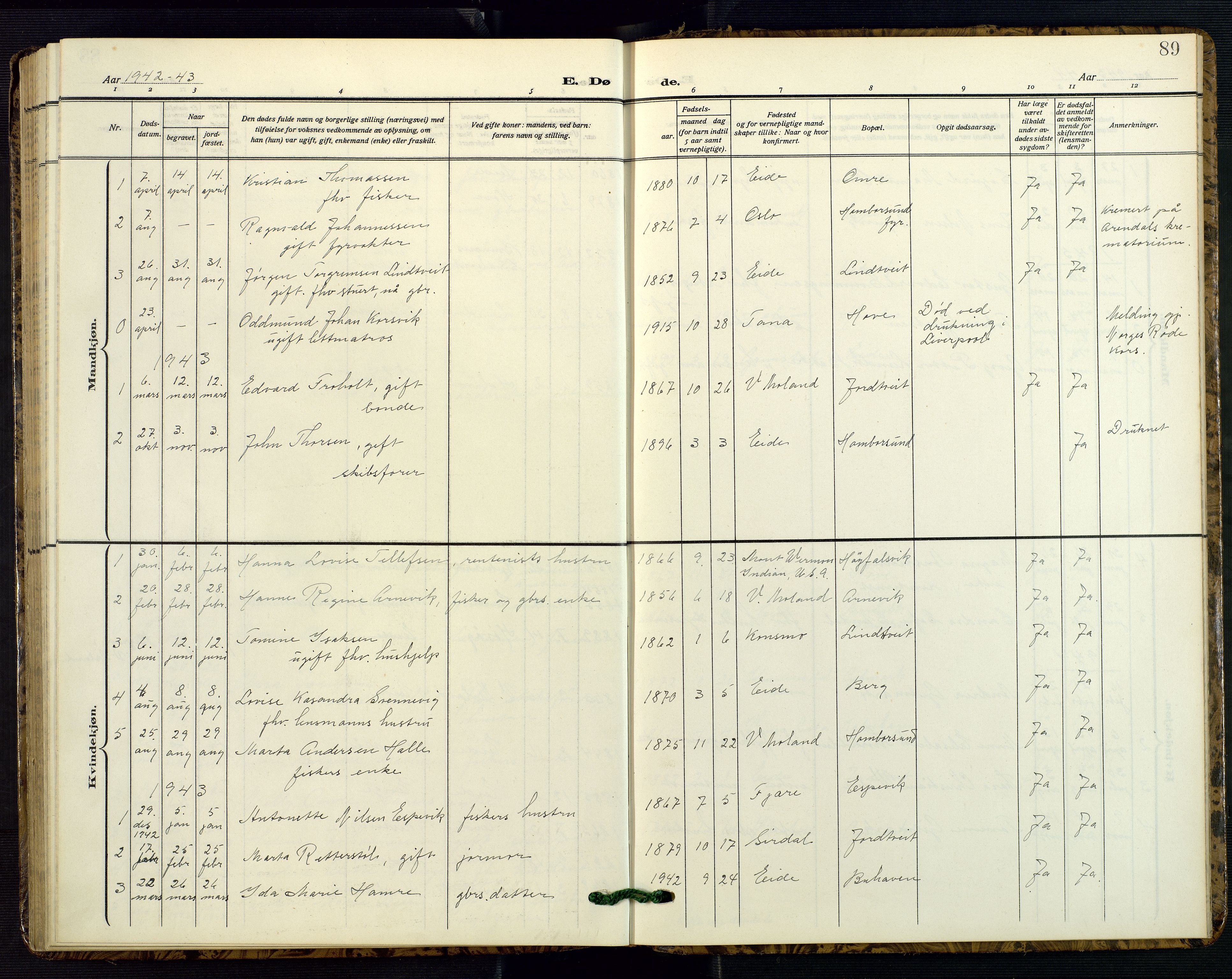 Hommedal sokneprestkontor, SAK/1111-0023/F/Fb/Fba/L0005: Klokkerbok nr. B 5, 1909-1957, s. 89