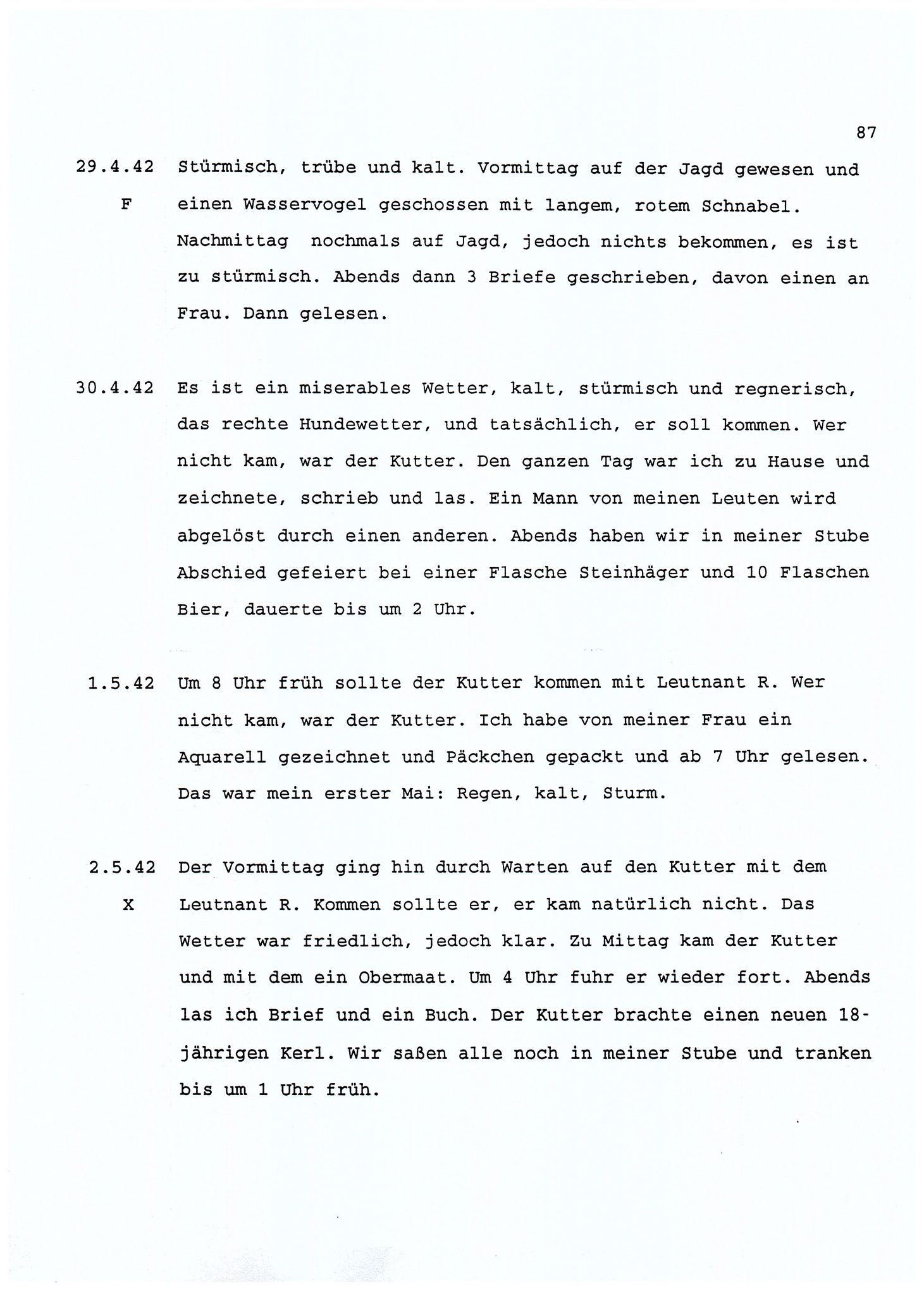 Dagbokopptegnelser av en tysk marineoffiser stasjonert i Norge , FMFB/A-1160/F/L0001: Dagbokopptegnelser av en tysk marineoffiser stasjonert i Norge, 1941-1944, s. 87