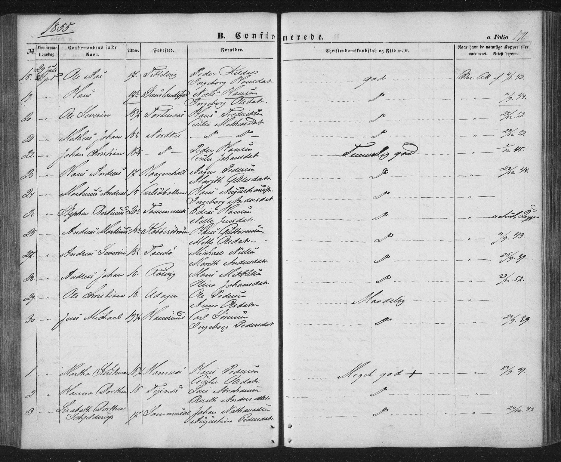 Ministerialprotokoller, klokkerbøker og fødselsregistre - Nordland, AV/SAT-A-1459/859/L0844: Ministerialbok nr. 859A04, 1849-1862, s. 171