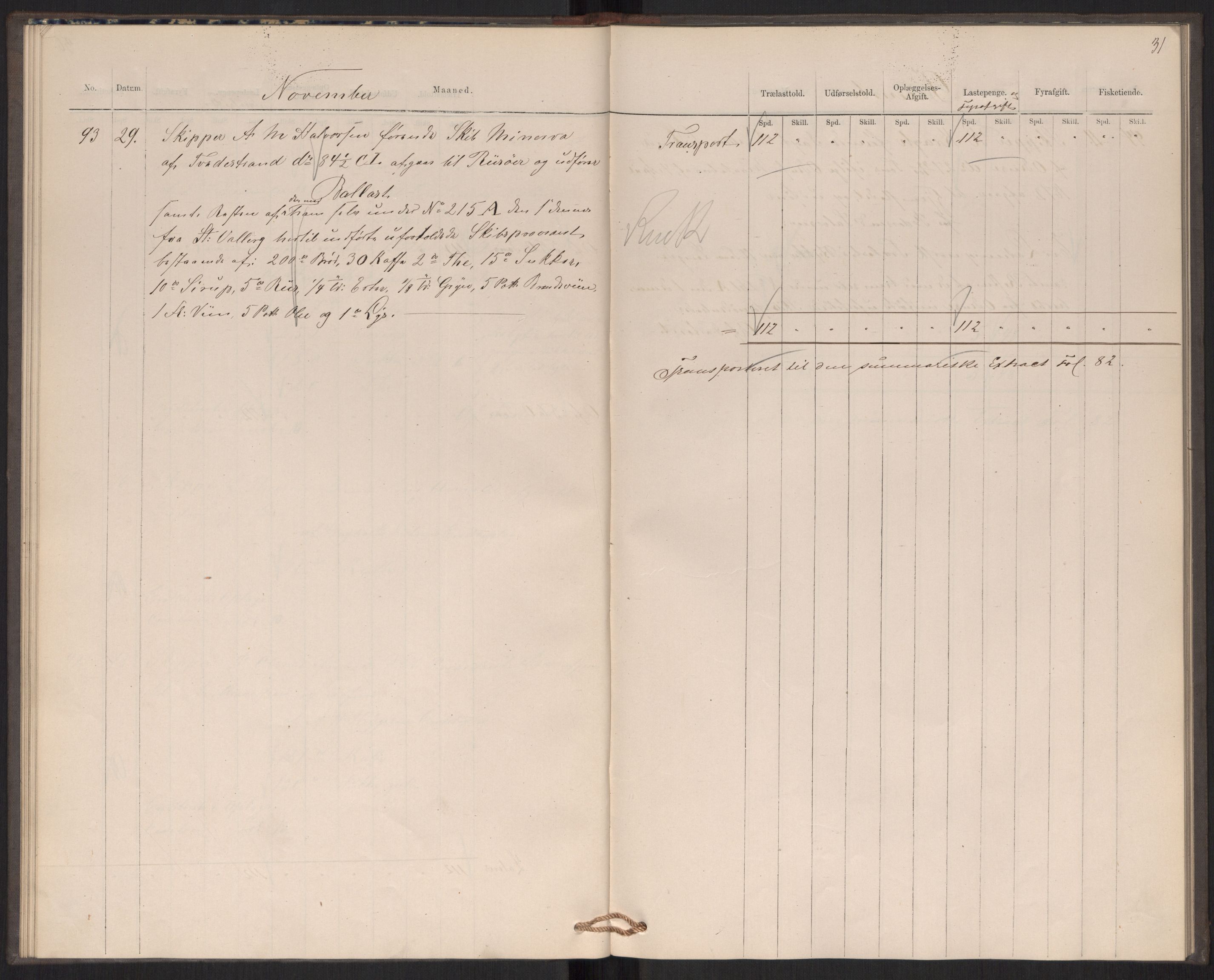 Revisjonsdepartementet, 2. revisjonskontor, AV/RA-S-1115/E/E039/L0276: Tvedestrand: Utgående tollbok, 1876, s. 31