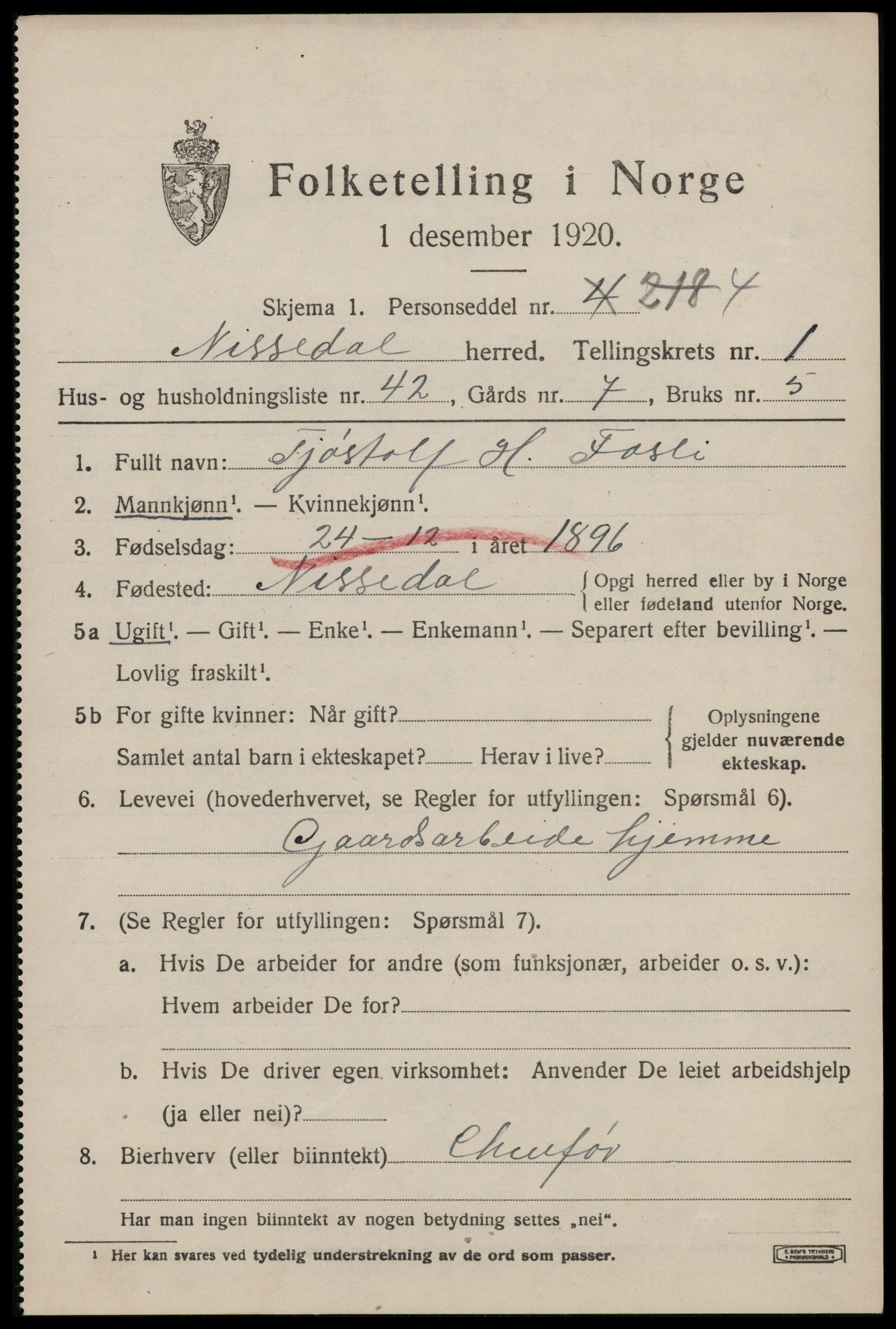 SAKO, Folketelling 1920 for 0830 Nissedal herred, 1920, s. 1269