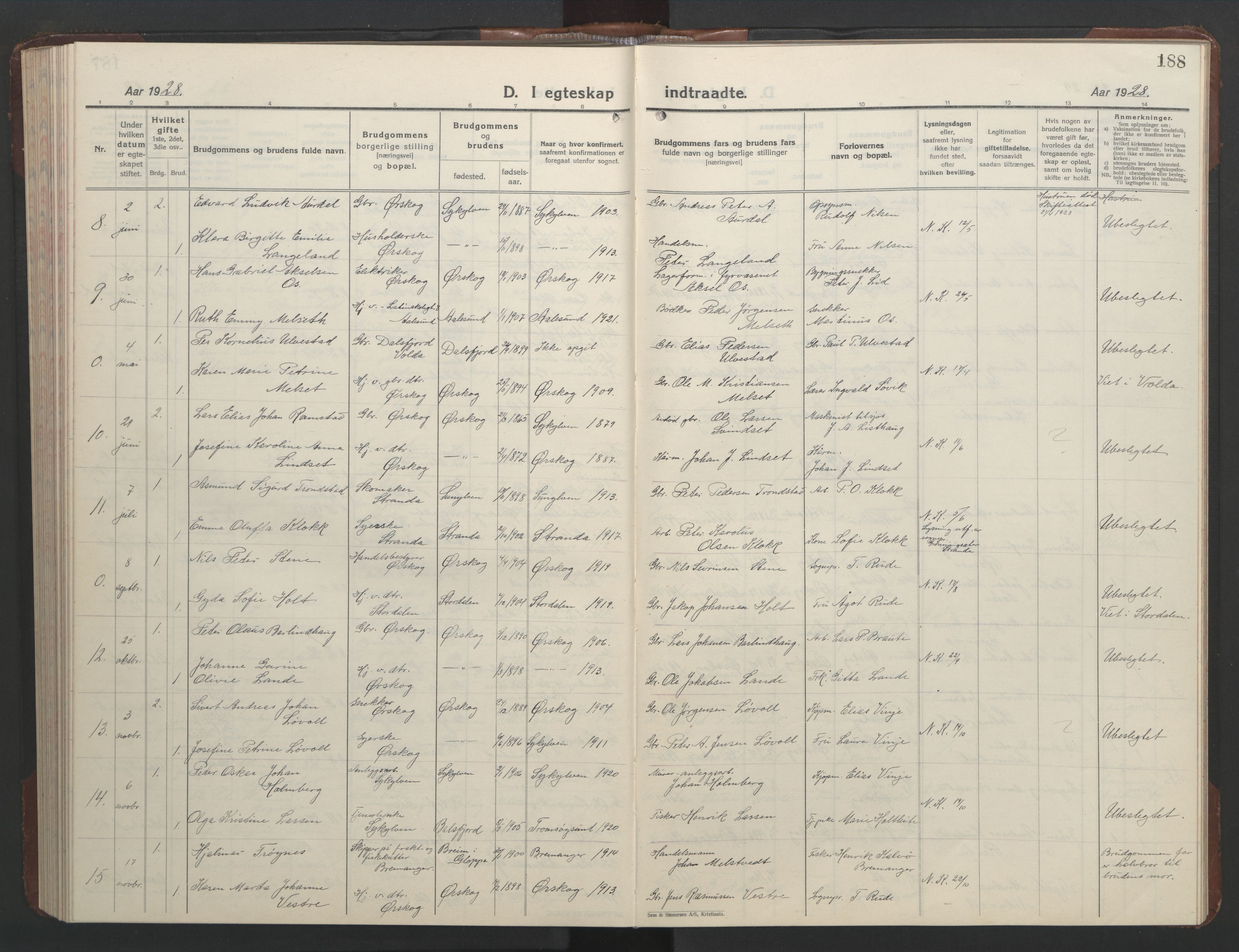 Ministerialprotokoller, klokkerbøker og fødselsregistre - Møre og Romsdal, AV/SAT-A-1454/522/L0329: Klokkerbok nr. 522C08, 1926-1951, s. 188