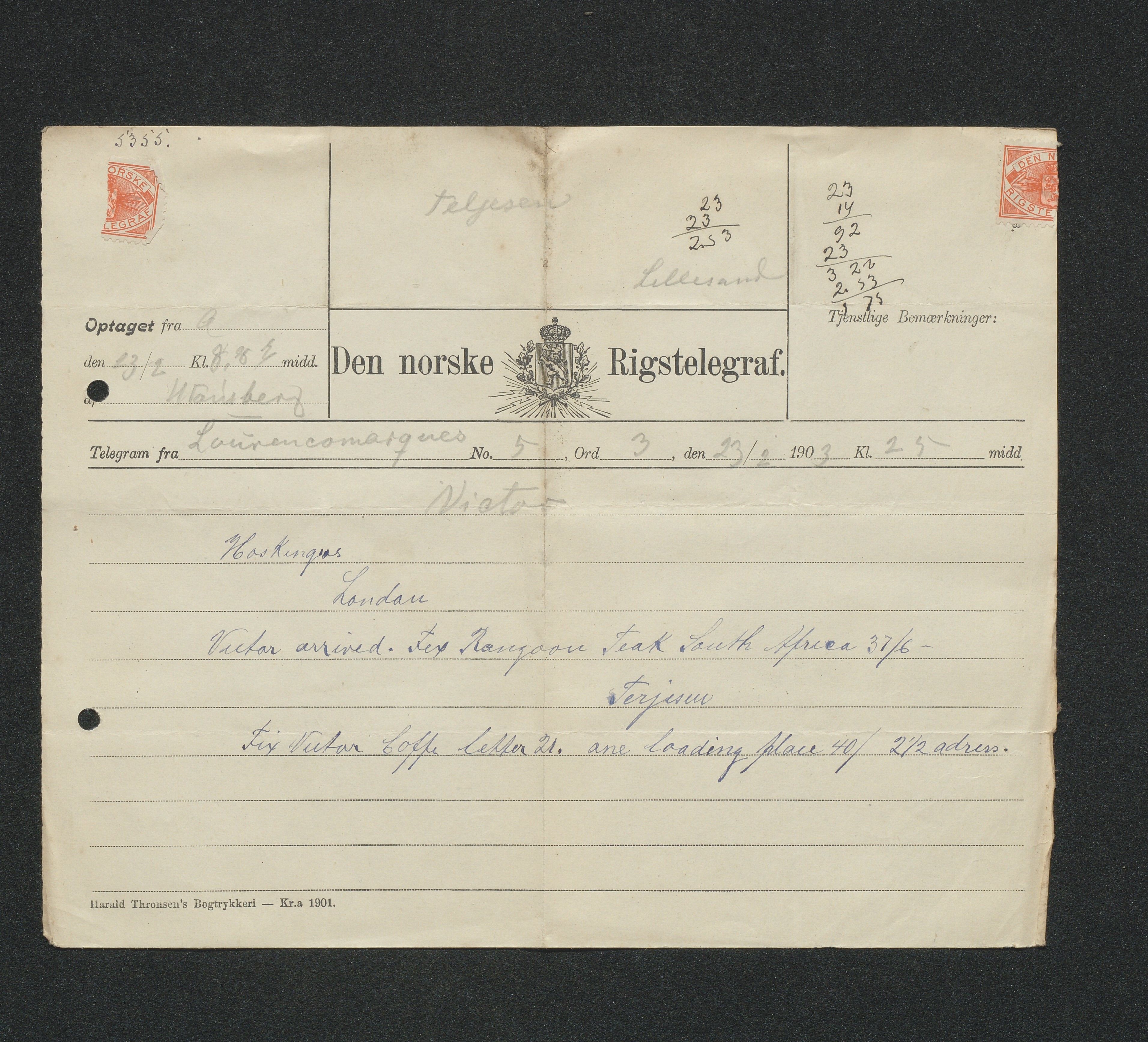 O. Terjesens rederi, AAKS/PA-2525/E/E01/L0011: Korrespondanse, 1903