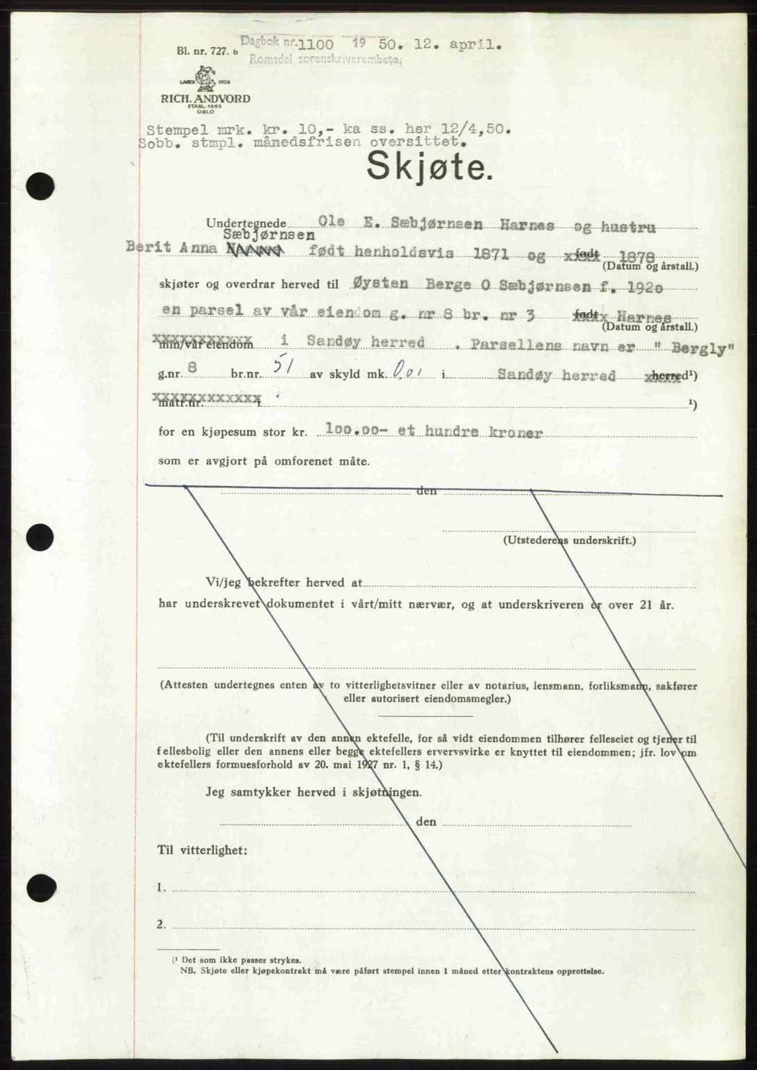 Romsdal sorenskriveri, SAT/A-4149/1/2/2C: Pantebok nr. A33, 1950-1950, Dagboknr: 1100/1950