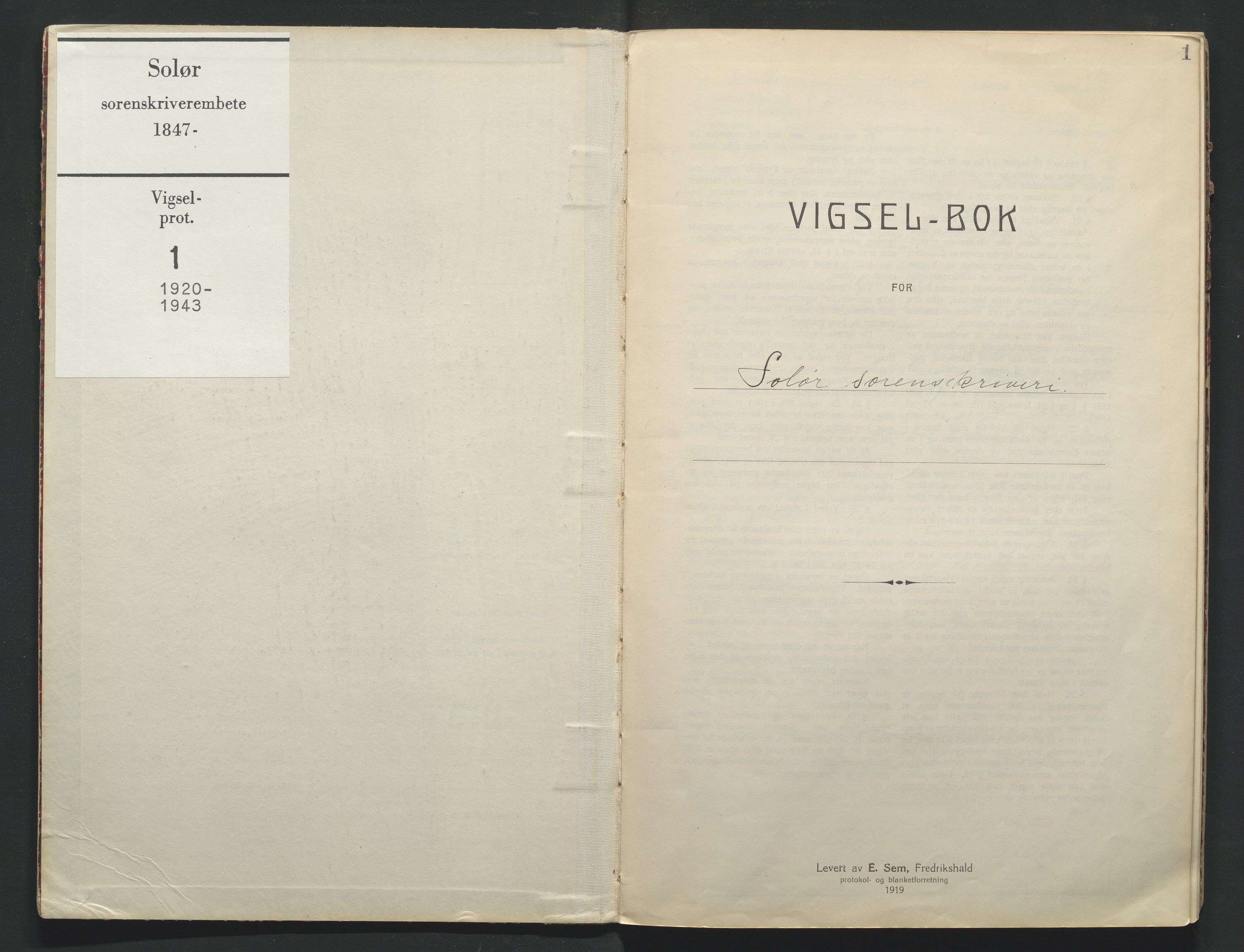 Solør tingrett, SAH/TING-008/L/Lb/L0001: Vigselprotokoll, 1920-1943, s. 1