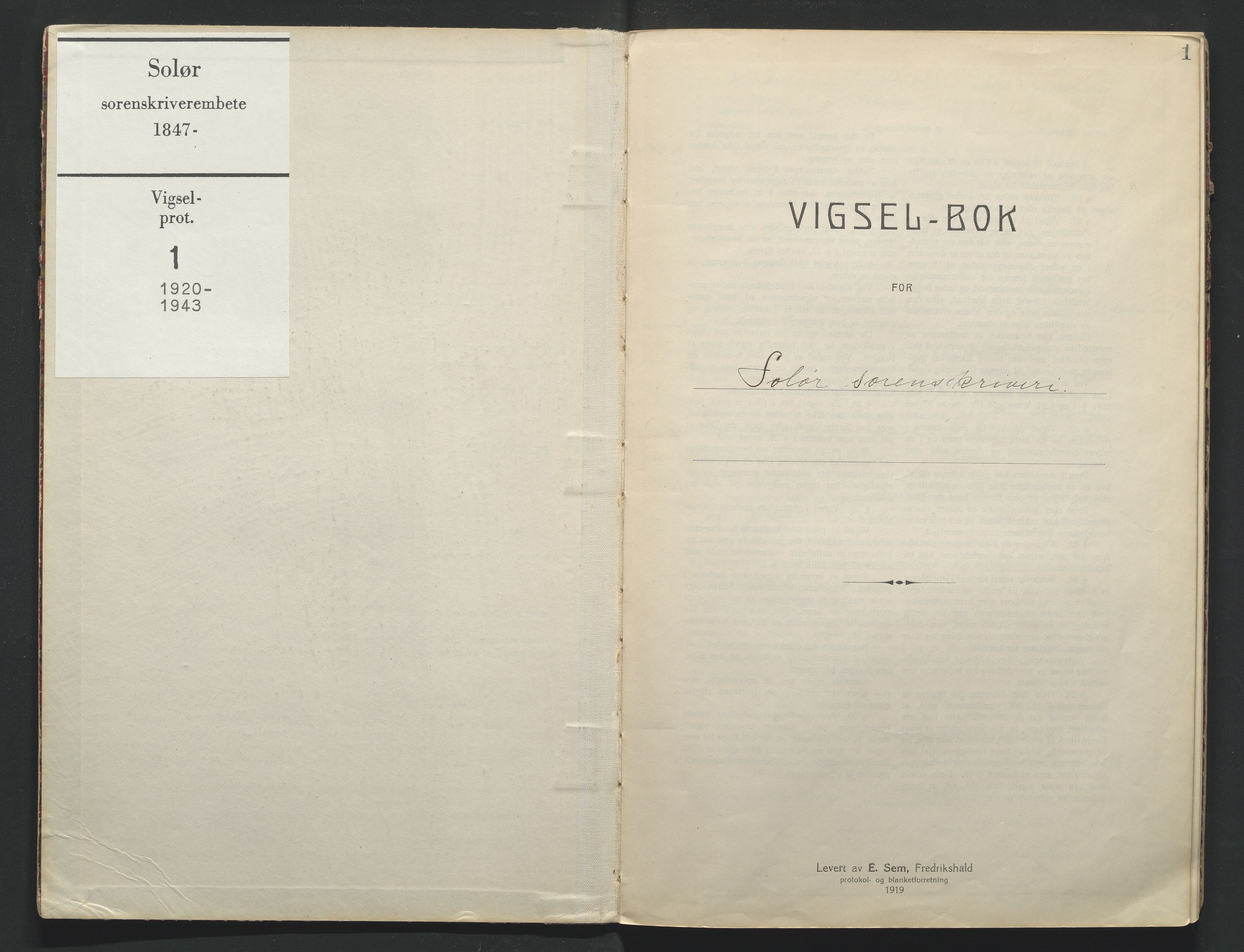 Solør tingrett, AV/SAH-TING-008/L/Lb/L0001: Vigselprotokoll, 1920-1943, s. 1