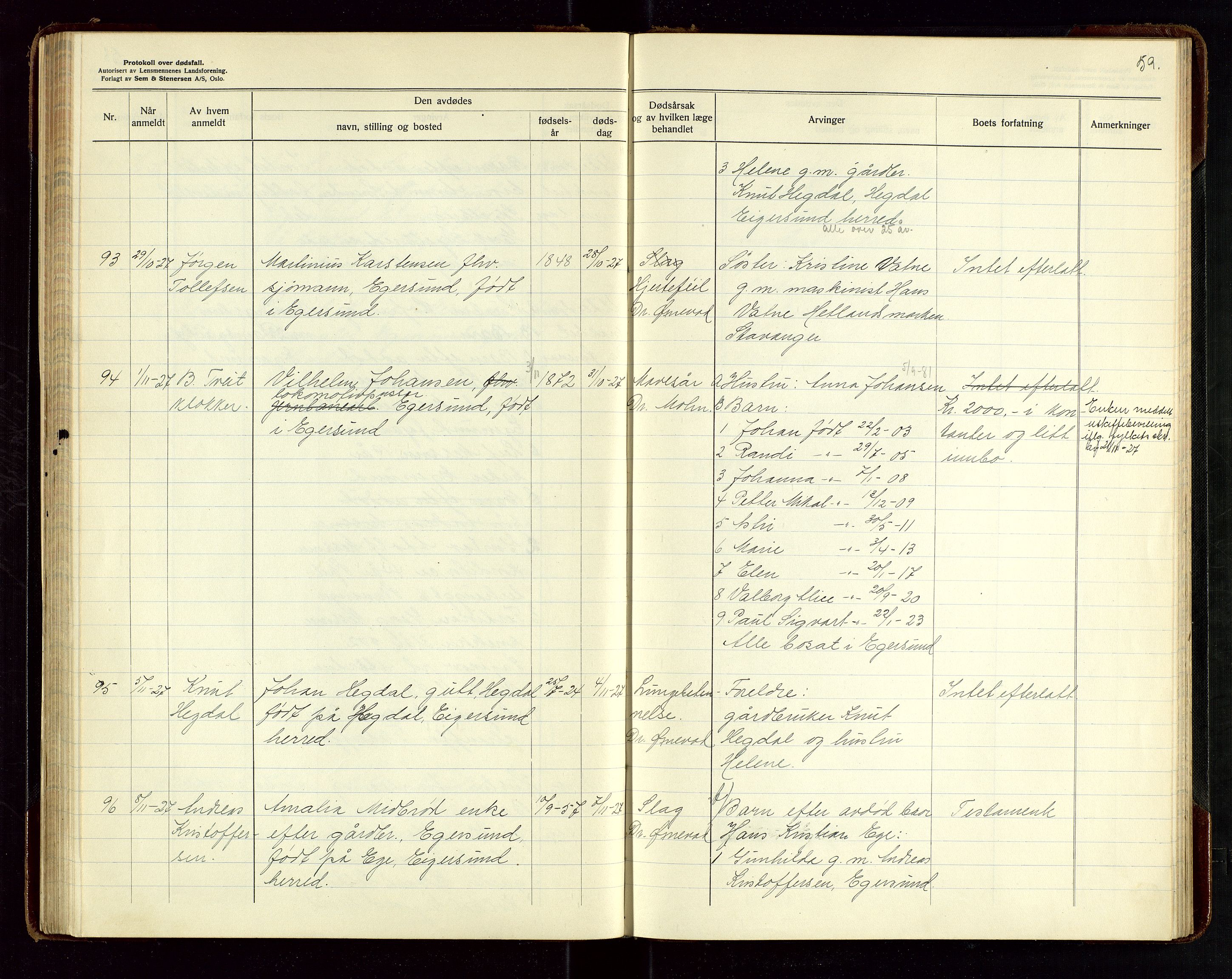 Eigersund lensmannskontor, AV/SAST-A-100171/Gga/L0010: "Protokoll over anmeldte dødsfall" m/alfabetisk navneregister, 1926-1928, s. 59
