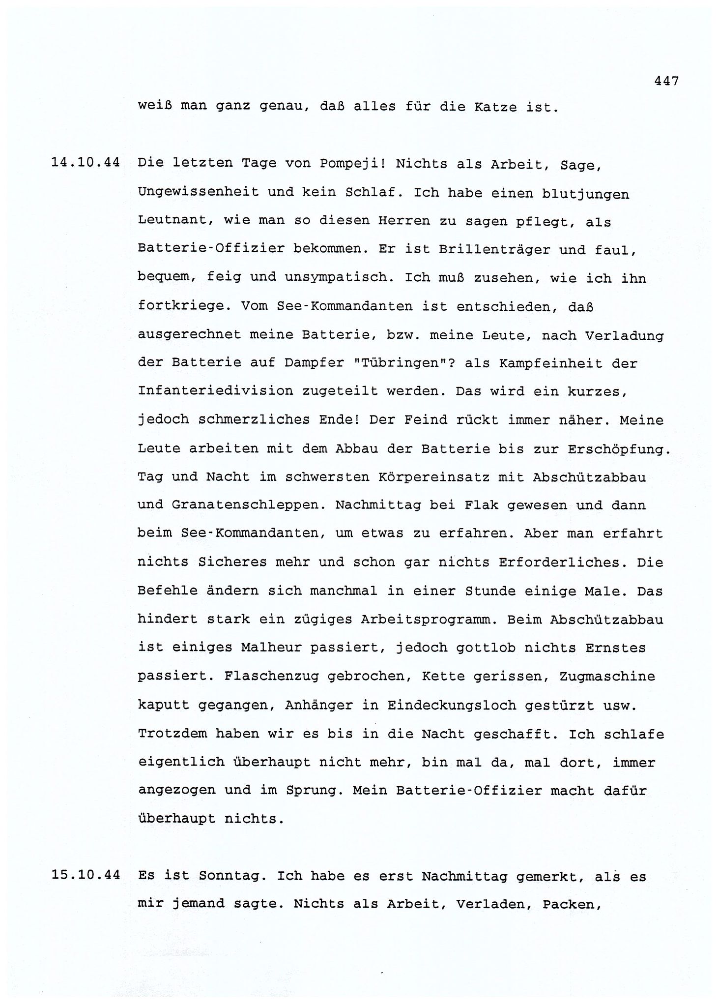 Dagbokopptegnelser av en tysk marineoffiser stasjonert i Norge , FMFB/A-1160/F/L0001: Dagbokopptegnelser av en tysk marineoffiser stasjonert i Norge, 1941-1944, s. 447