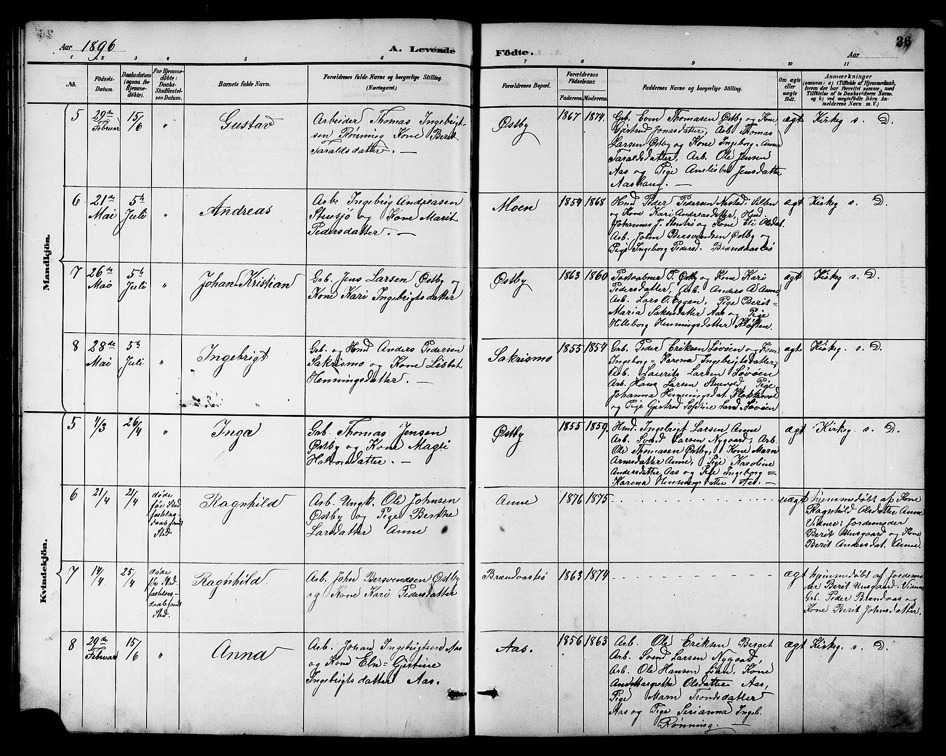 Ministerialprotokoller, klokkerbøker og fødselsregistre - Sør-Trøndelag, AV/SAT-A-1456/698/L1167: Klokkerbok nr. 698C04, 1888-1907, s. 36