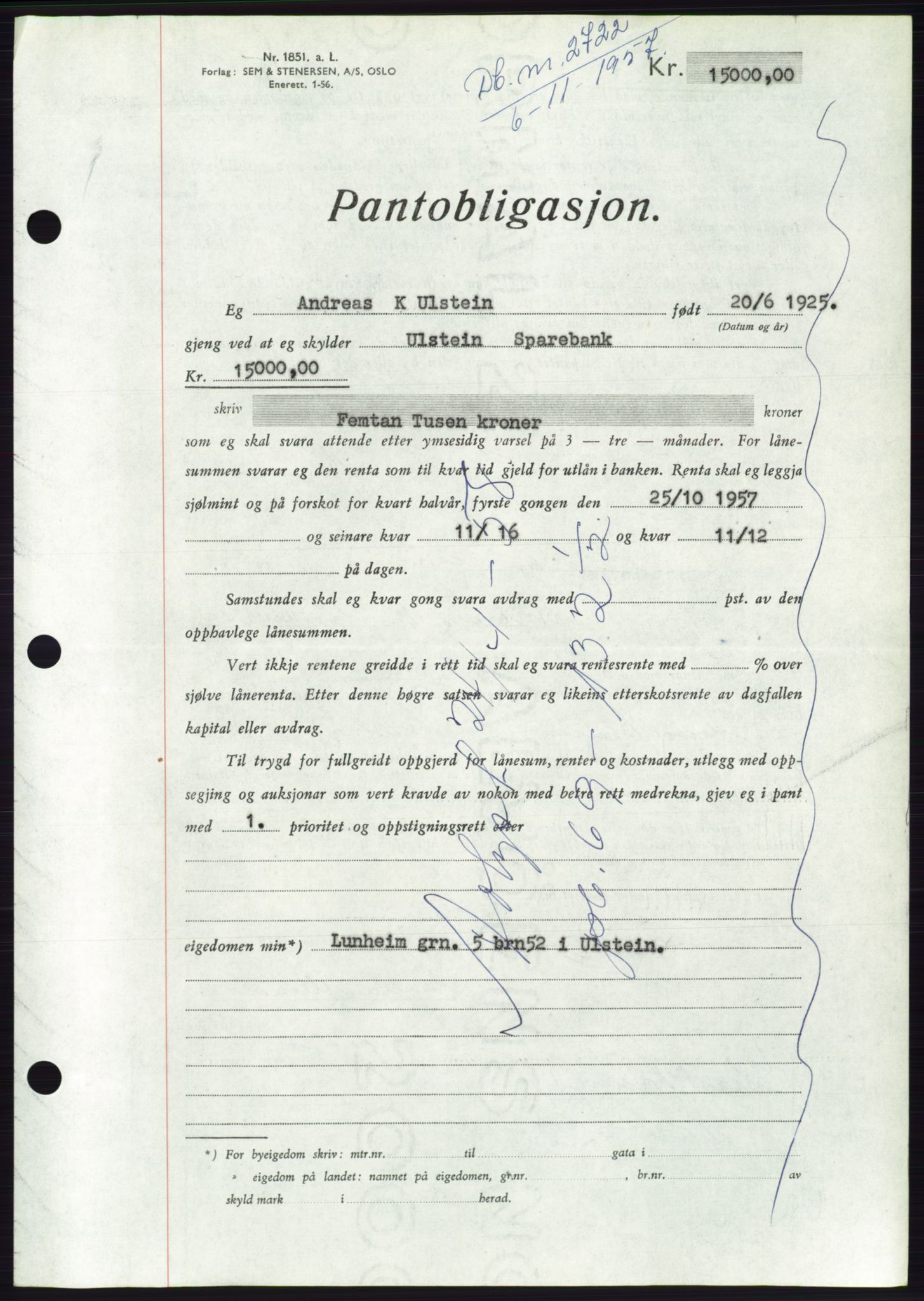 Søre Sunnmøre sorenskriveri, AV/SAT-A-4122/1/2/2C/L0130: Pantebok nr. 18B, 1957-1958, Dagboknr: 2722/1957