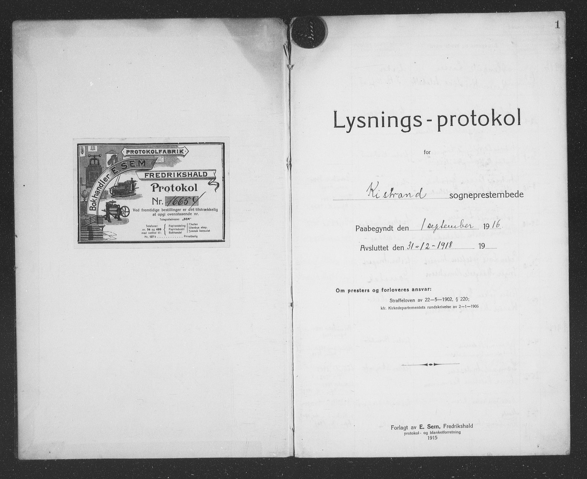 Kistrand/Porsanger sokneprestembete, SATØ/S-1351/I/Ic/L0030: Lysningsprotokoll nr. 30, 1916-1918, s. 1