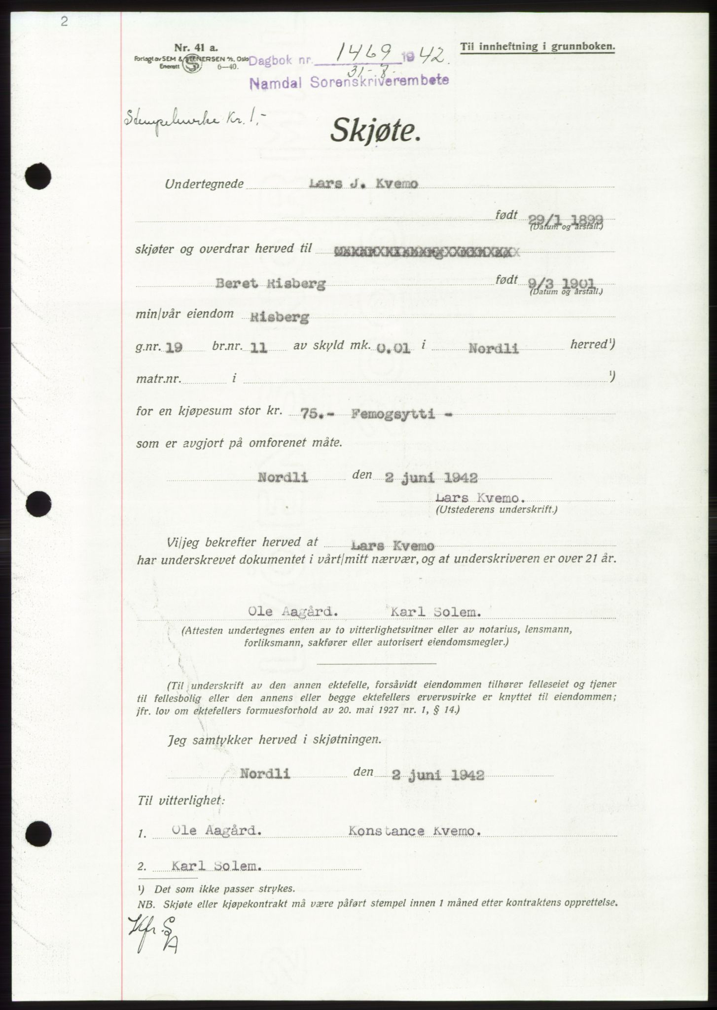 Namdal sorenskriveri, SAT/A-4133/1/2/2C: Pantebok nr. -, 1942-1943, Dagboknr: 1469/1942
