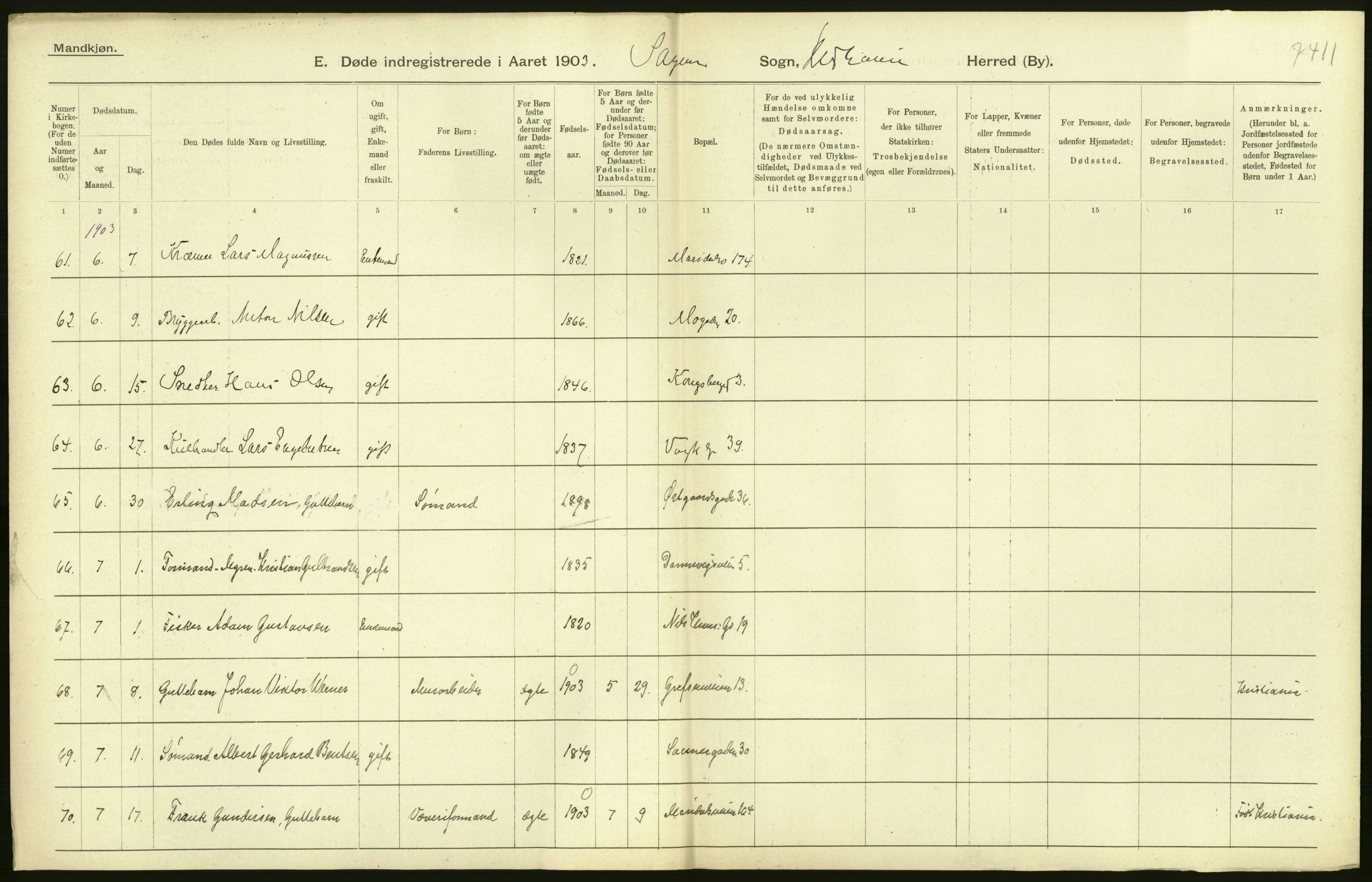 Statistisk sentralbyrå, Sosiodemografiske emner, Befolkning, AV/RA-S-2228/D/Df/Dfa/Dfaa/L0004: Kristiania: Gifte, døde, 1903, s. 86