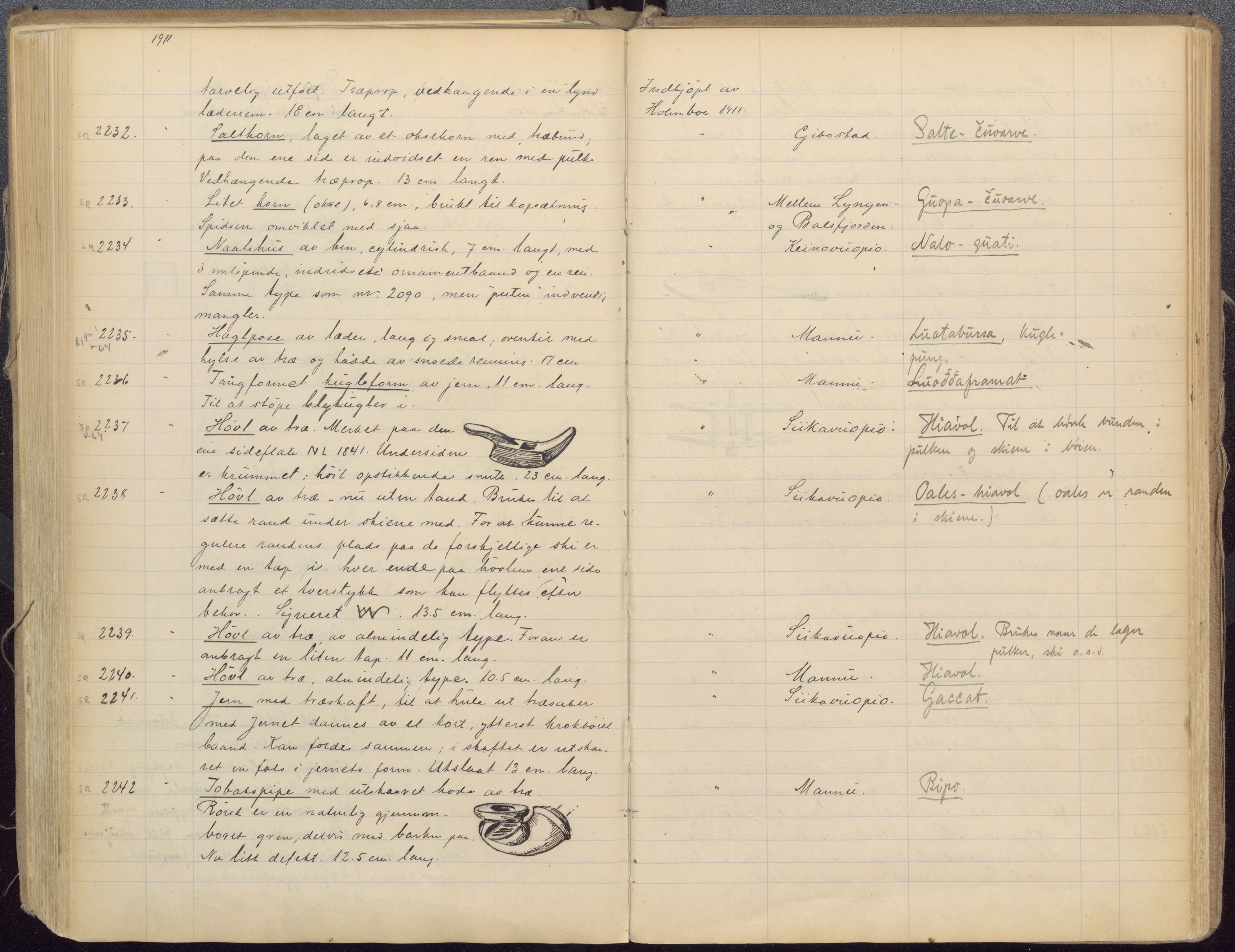 Etnografiske samlinger, UMB/A004/F/Fa/L0001: Katalog over den etnografiske samling 1 - 2800, 1894-1921, s. 389, 390