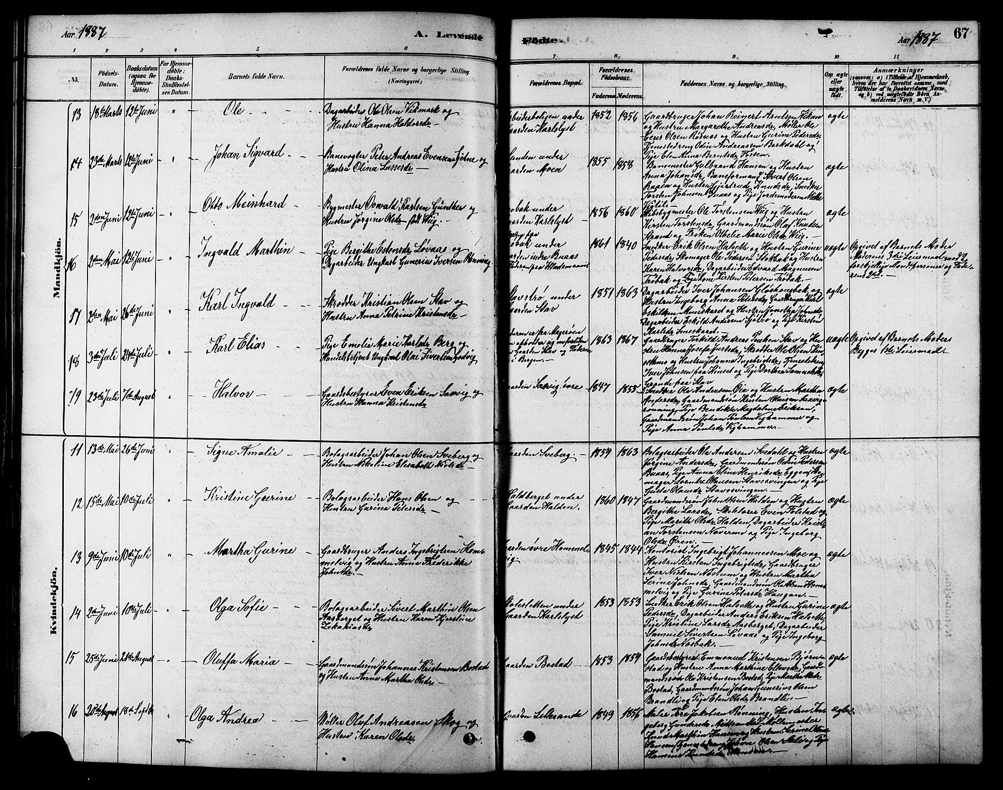 Ministerialprotokoller, klokkerbøker og fødselsregistre - Sør-Trøndelag, SAT/A-1456/616/L0423: Klokkerbok nr. 616C06, 1878-1903, s. 67