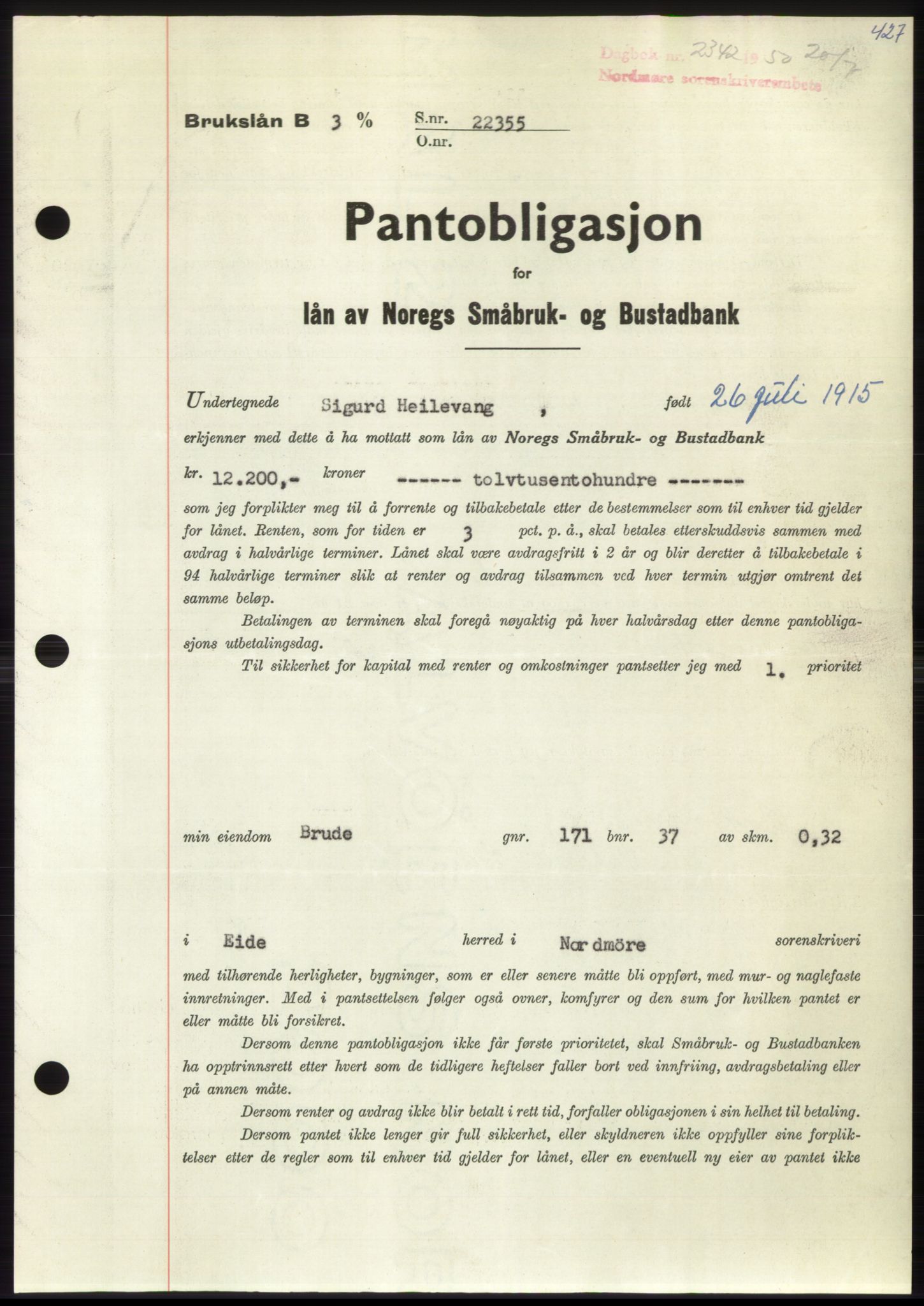 Nordmøre sorenskriveri, AV/SAT-A-4132/1/2/2Ca: Pantebok nr. B105, 1950-1950, Dagboknr: 2342/1950