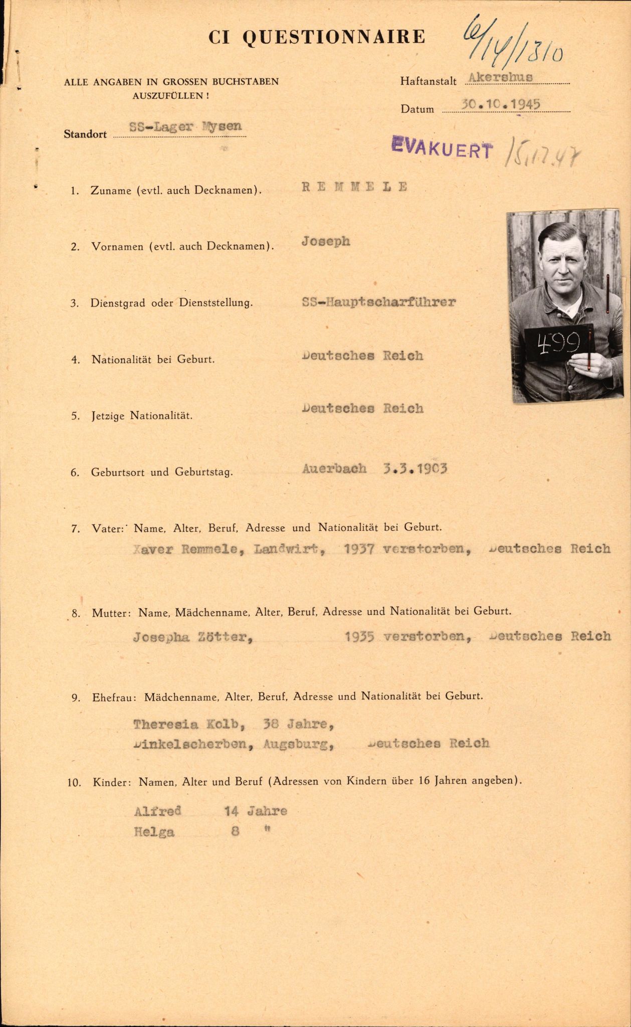 Forsvaret, Forsvarets overkommando II, AV/RA-RAFA-3915/D/Db/L0027: CI Questionaires. Tyske okkupasjonsstyrker i Norge. Tyskere., 1945-1946, s. 196