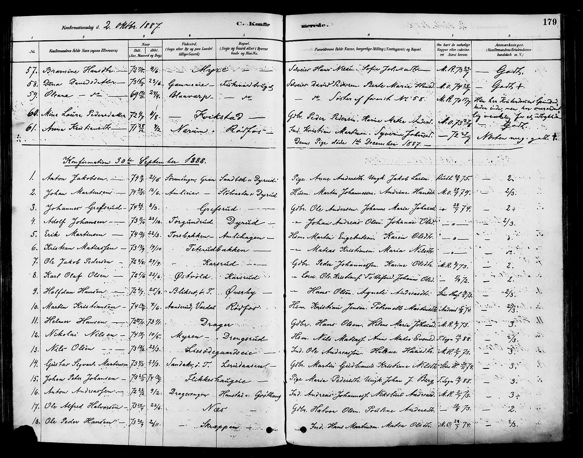 Vestre Toten prestekontor, AV/SAH-PREST-108/H/Ha/Haa/L0009: Ministerialbok nr. 9, 1878-1894, s. 179