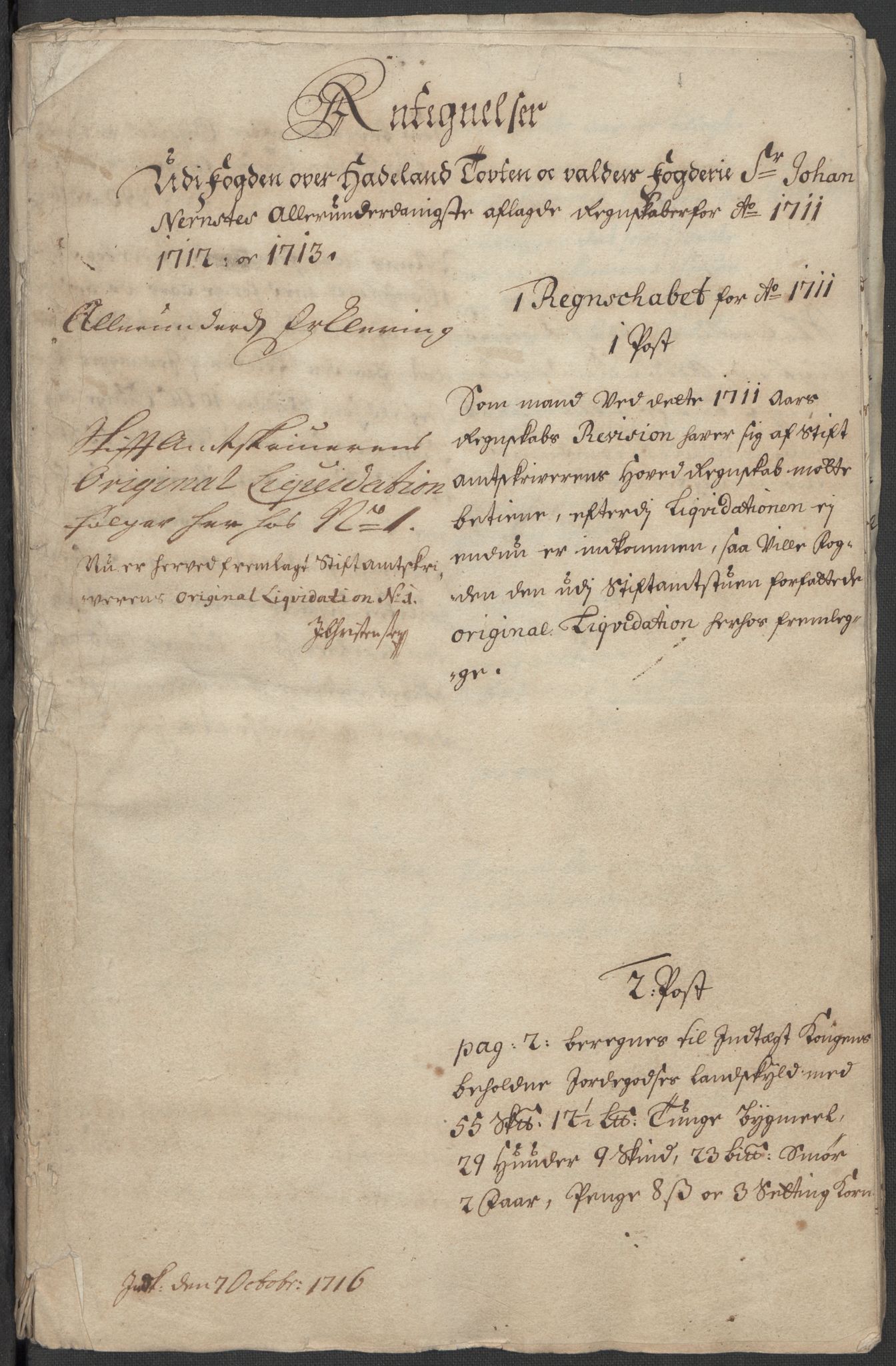 Rentekammeret inntil 1814, Reviderte regnskaper, Fogderegnskap, RA/EA-4092/R18/L1311: Fogderegnskap Hadeland, Toten og Valdres, 1713, s. 308