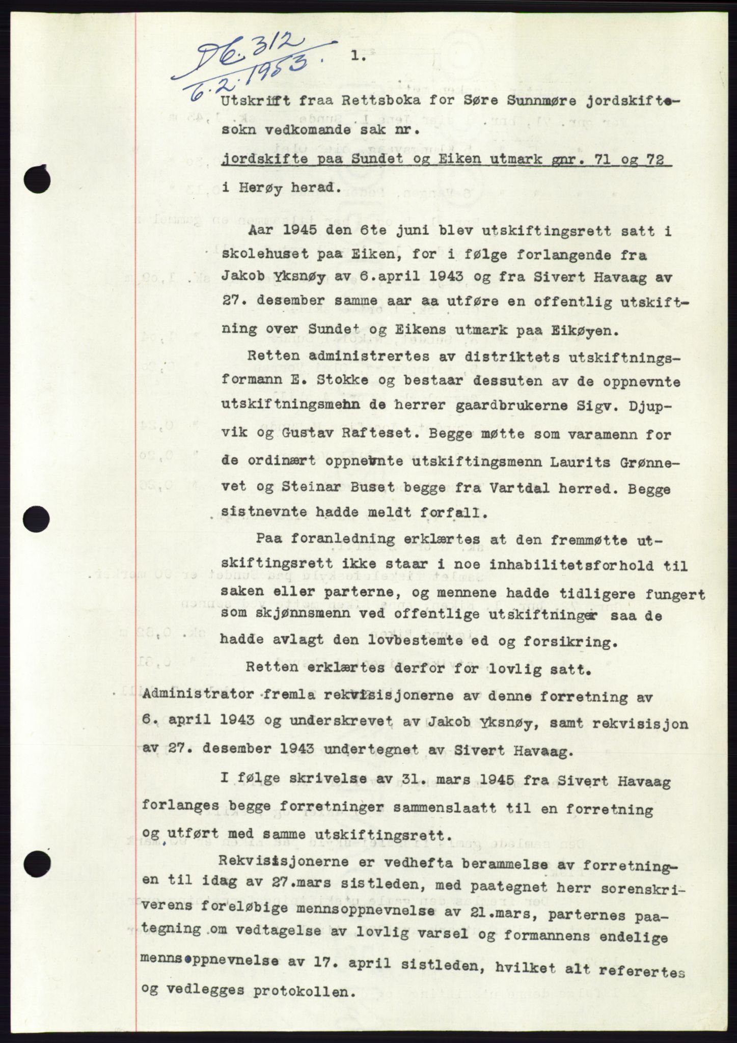 Søre Sunnmøre sorenskriveri, AV/SAT-A-4122/1/2/2C/L0094: Pantebok nr. 20A, 1953-1953, Dagboknr: 312/1953