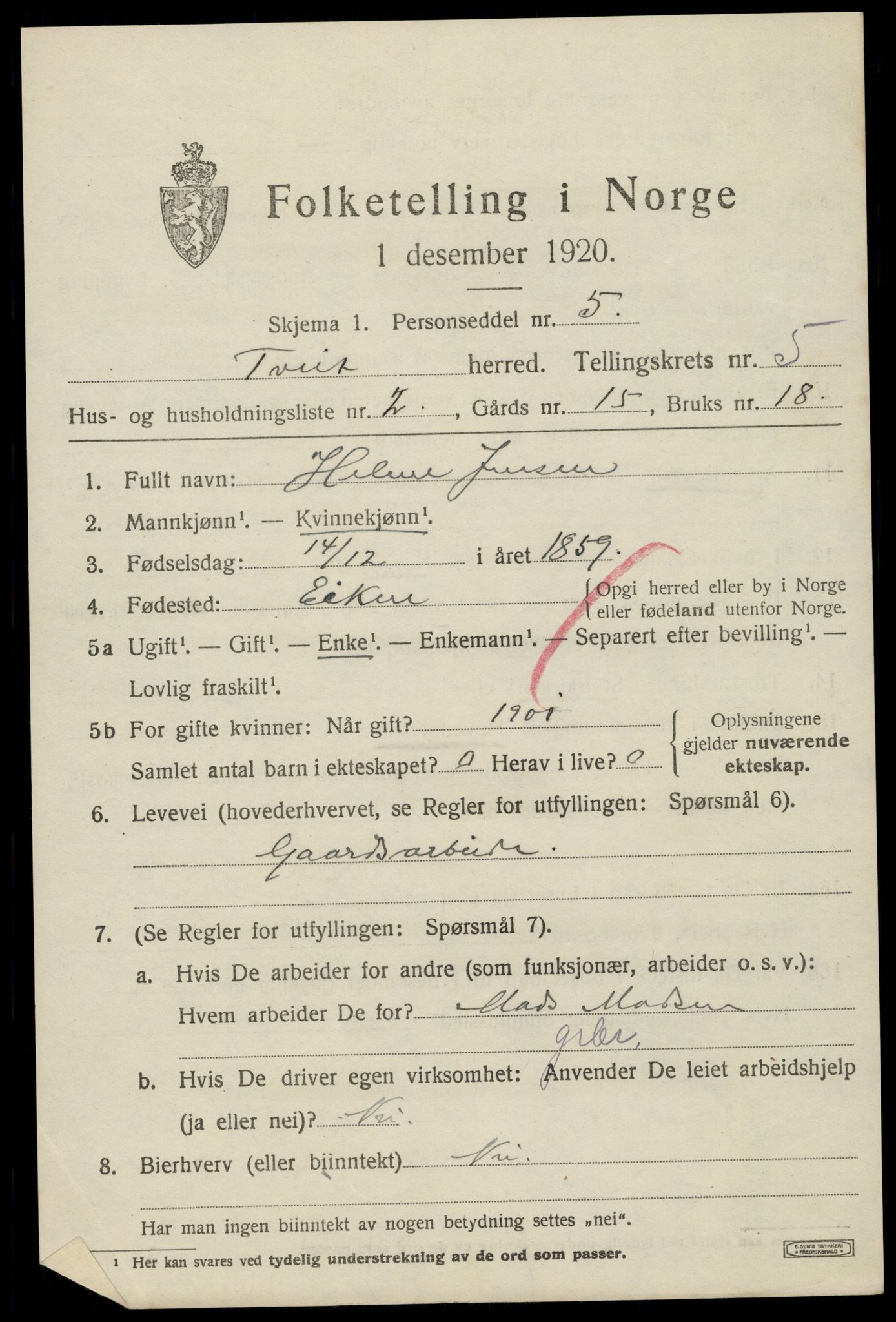 SAK, Folketelling 1920 for 1013 Tveit herred, 1920, s. 2438