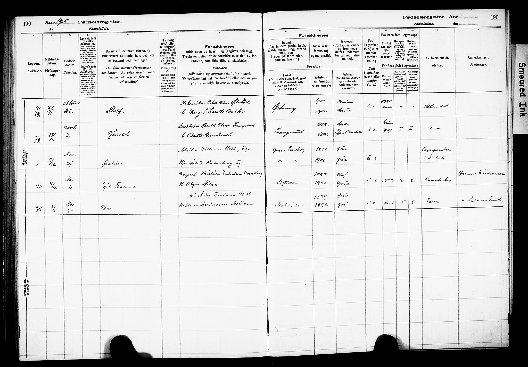 Grue prestekontor, AV/SAH-PREST-036/I/Id/Ida/L0001: Fødselsregister nr. I 1, 1916-1926, s. 190