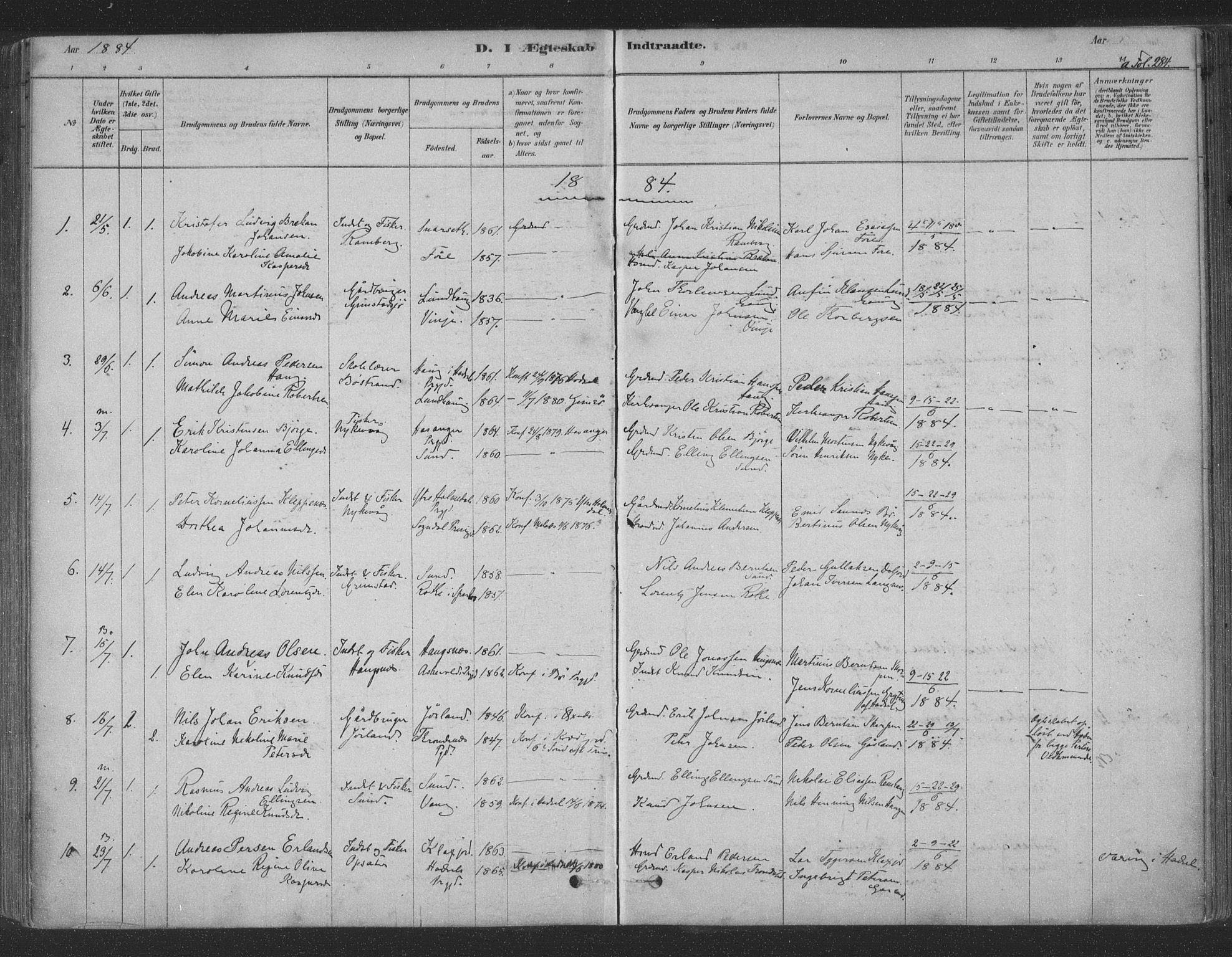 Ministerialprotokoller, klokkerbøker og fødselsregistre - Nordland, SAT/A-1459/891/L1302: Ministerialbok nr. 891A07, 1878-1895, s. 284