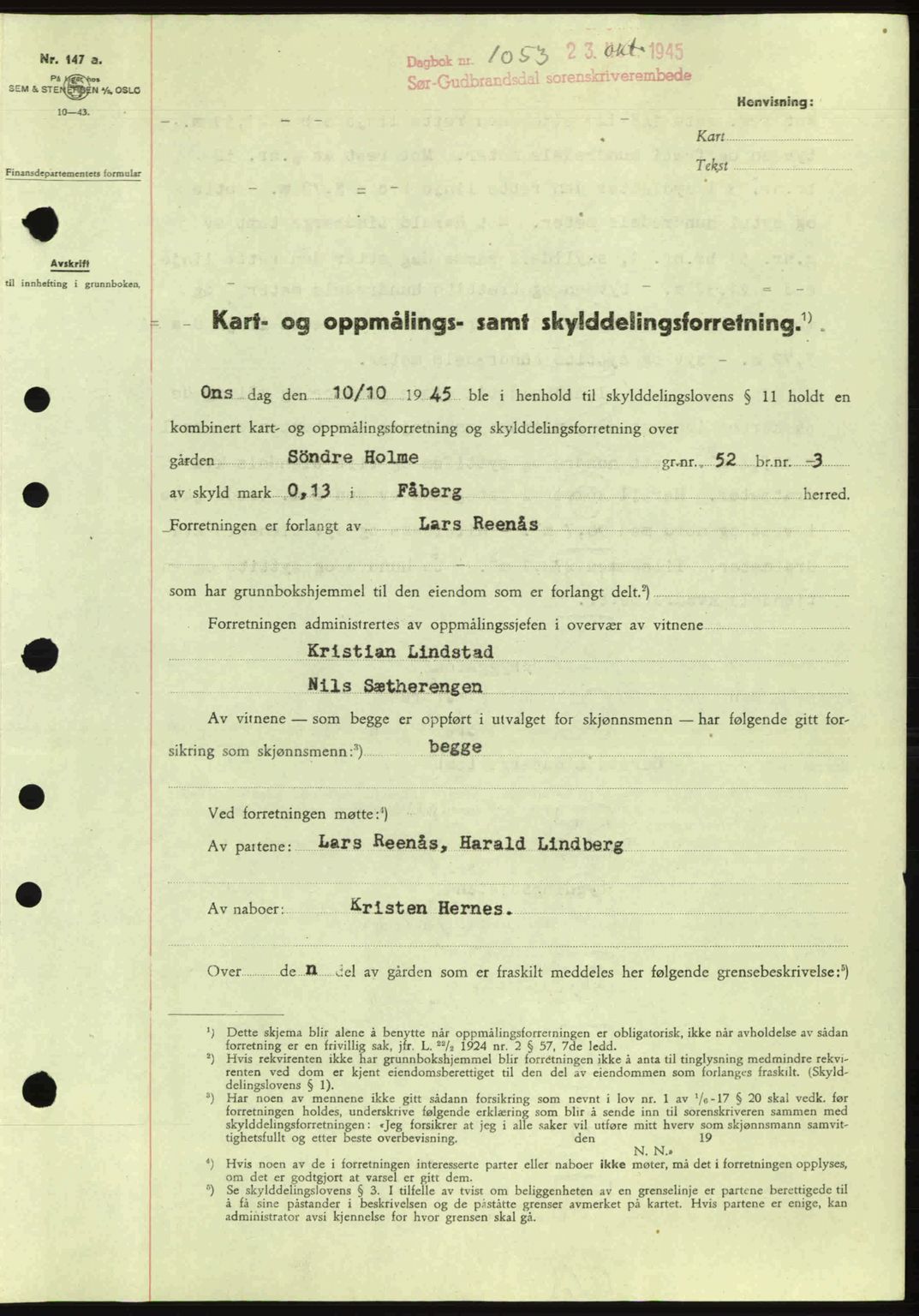 Sør-Gudbrandsdal tingrett, SAH/TING-004/H/Hb/Hbd/L0014: Pantebok nr. A14, 1944-1945, Dagboknr: 1053/1945