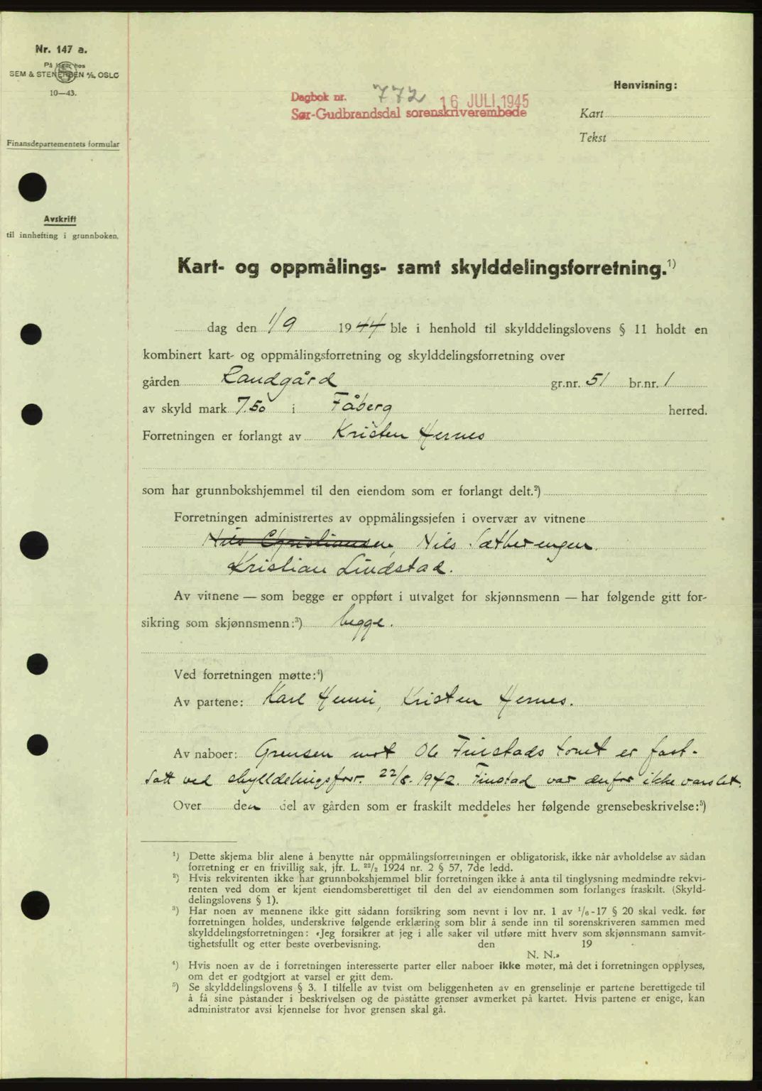 Sør-Gudbrandsdal tingrett, SAH/TING-004/H/Hb/Hbd/L0014: Pantebok nr. A14, 1944-1945, Dagboknr: 772/1945