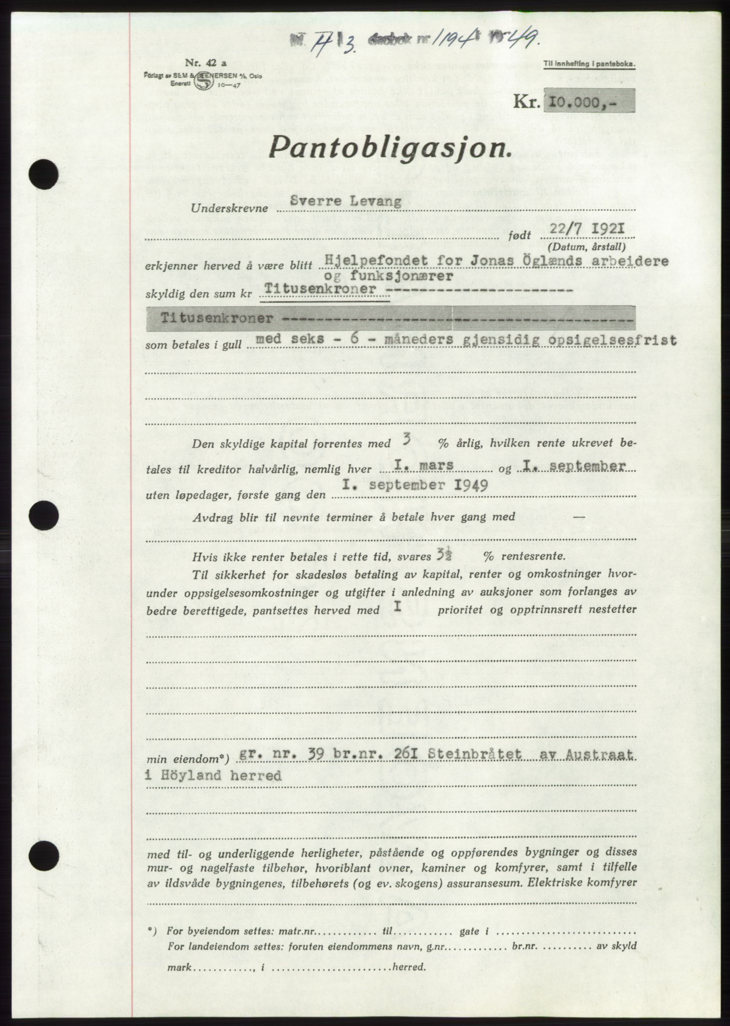 Jæren sorenskriveri, SAST/A-100310/03/G/Gba/L0102: Pantebok, 1949-1949, Dagboknr: 1194/1949