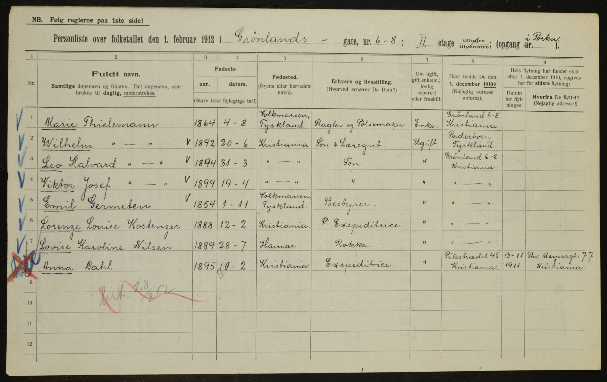 OBA, Kommunal folketelling 1.2.1912 for Kristiania, 1912, s. 31007