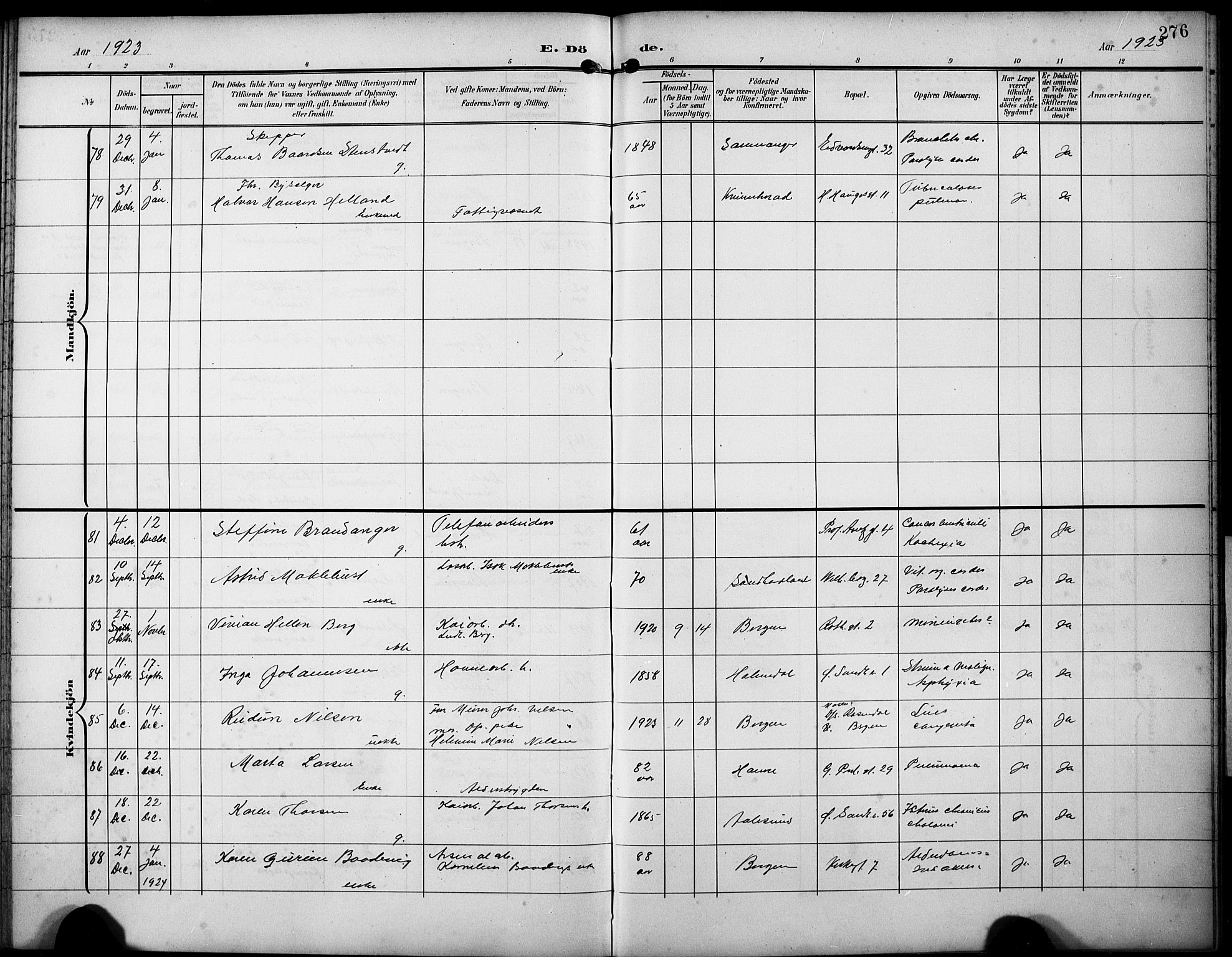 Sandviken Sokneprestembete, AV/SAB-A-77601/H/Hb/L0017: Klokkerbok nr. E 1, 1903-1926, s. 276