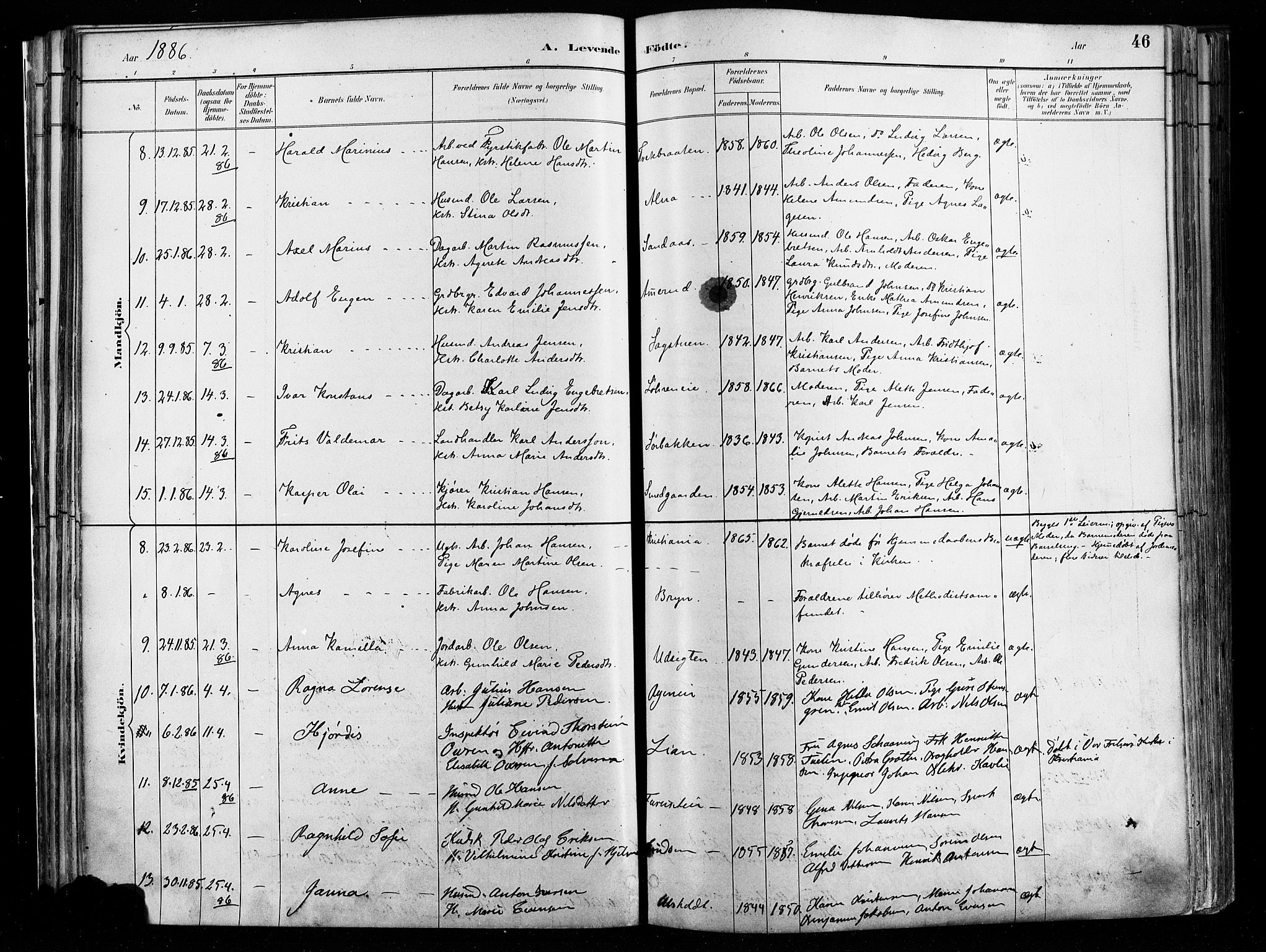 Østre Aker prestekontor Kirkebøker, AV/SAO-A-10840/F/Fa/L0008: Ministerialbok nr. I 8, 1883-1894, s. 46