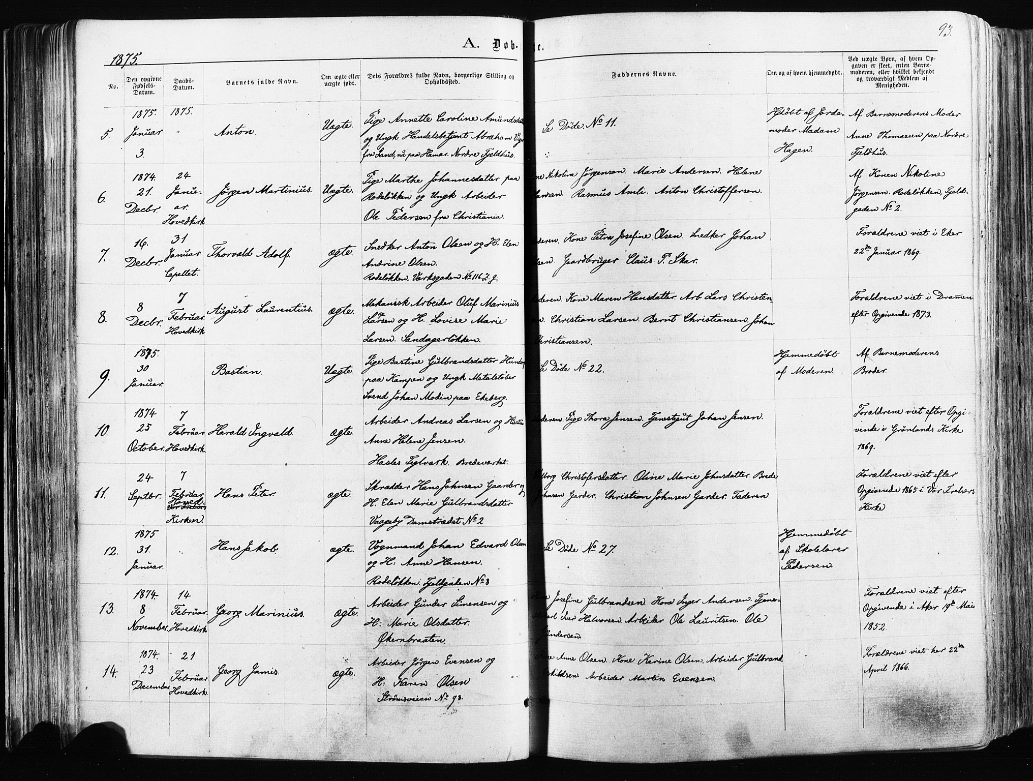 Østre Aker prestekontor Kirkebøker, SAO/A-10840/F/Fa/L0003: Ministerialbok nr. I 3, 1869-1875, s. 93
