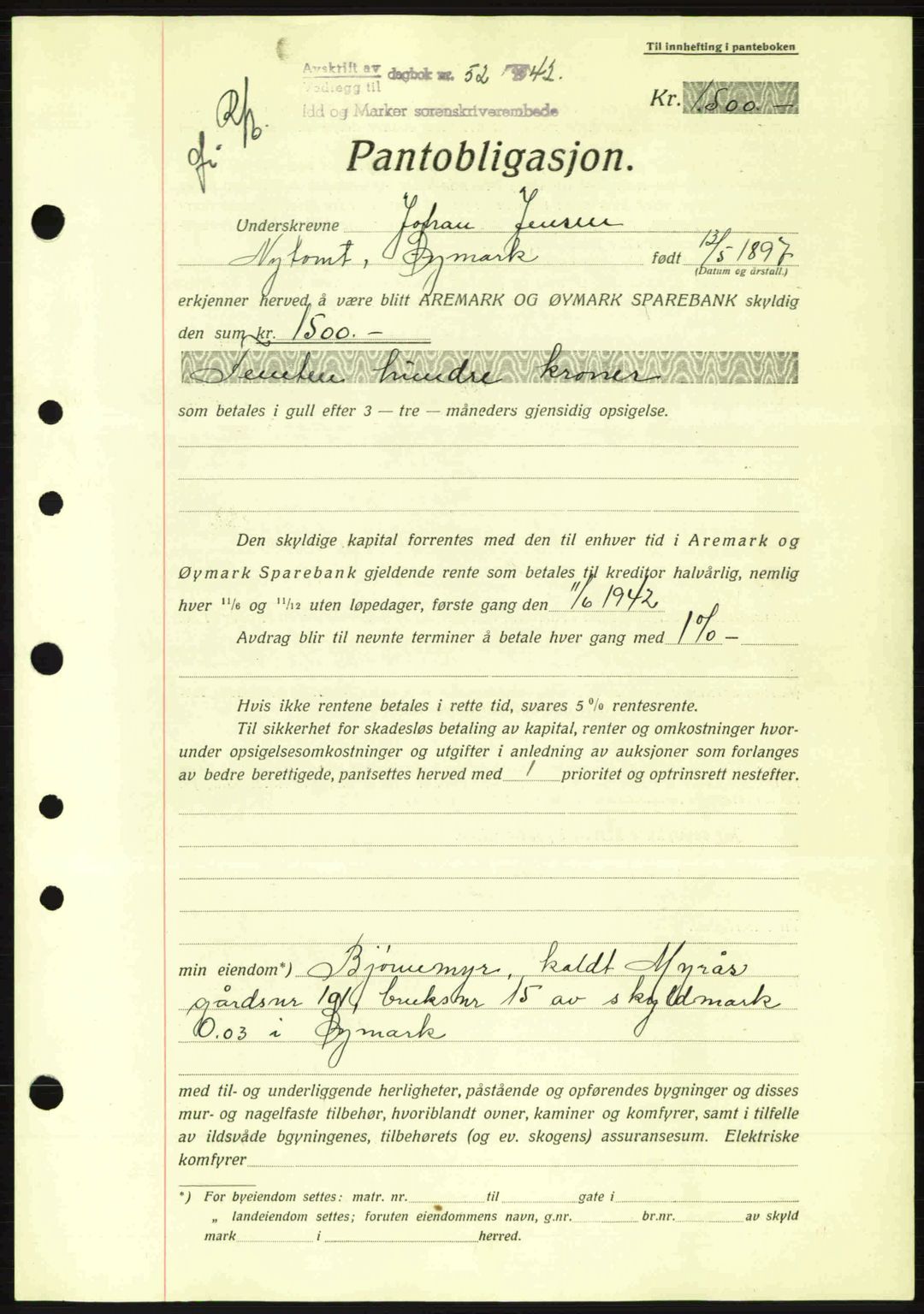 Idd og Marker sorenskriveri, AV/SAO-A-10283/G/Gb/Gbc/L0002: Pantebok nr. B4-9a, 1939-1945, Dagboknr: 52/1942