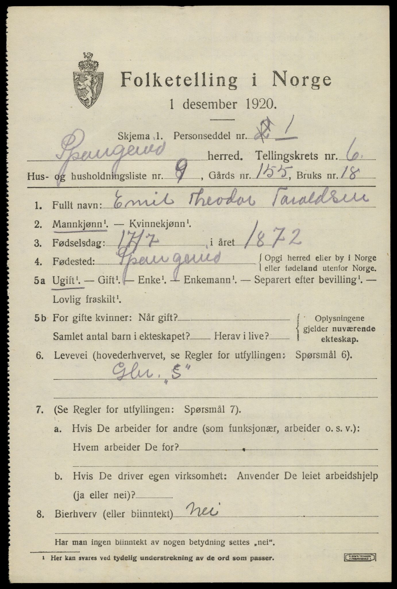 SAK, Folketelling 1920 for 1030 Spangereid herred, 1920, s. 2253