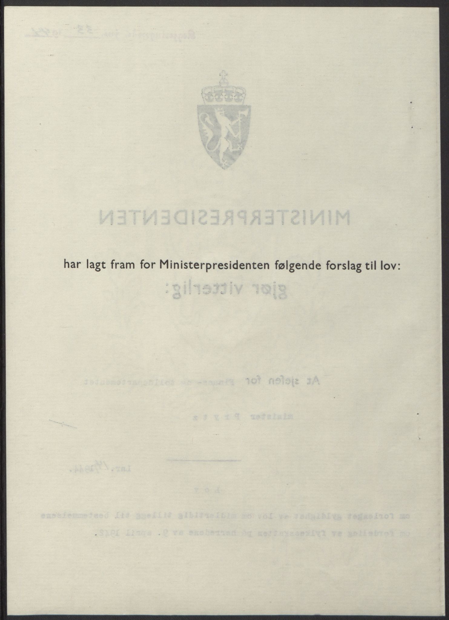 NS-administrasjonen 1940-1945 (Statsrådsekretariatet, de kommisariske statsråder mm), RA/S-4279/D/Db/L0100: Lover, 1944, s. 61