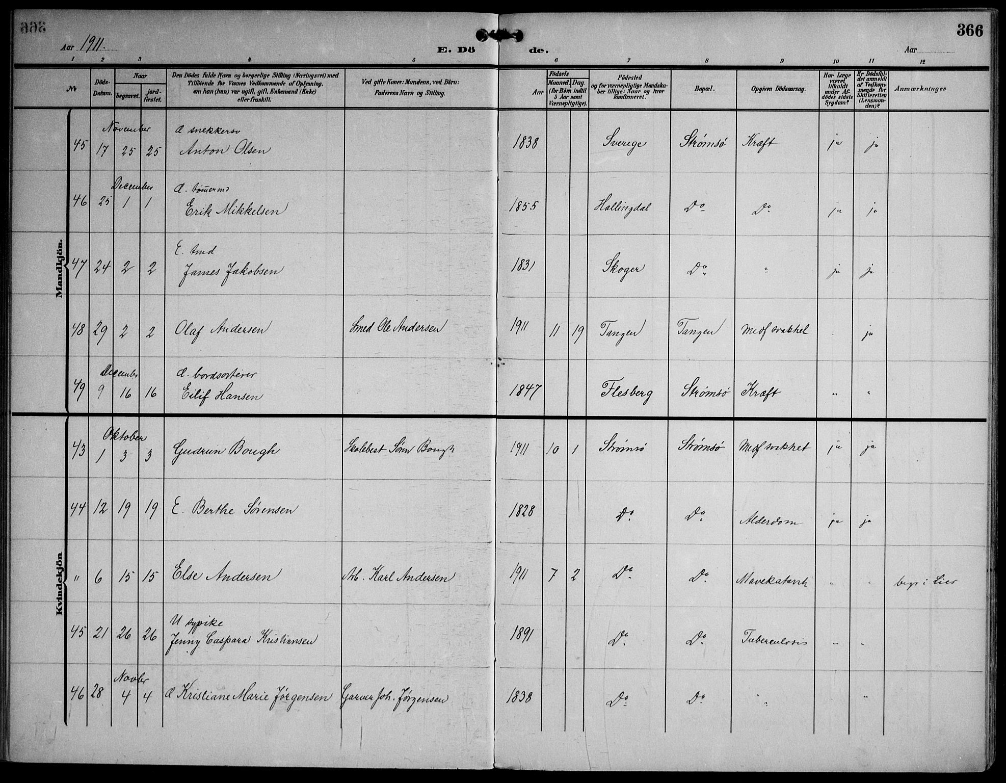 Strømsø kirkebøker, AV/SAKO-A-246/F/Fa/L0026: Ministerialbok nr. I 26, 1905-1914, s. 366