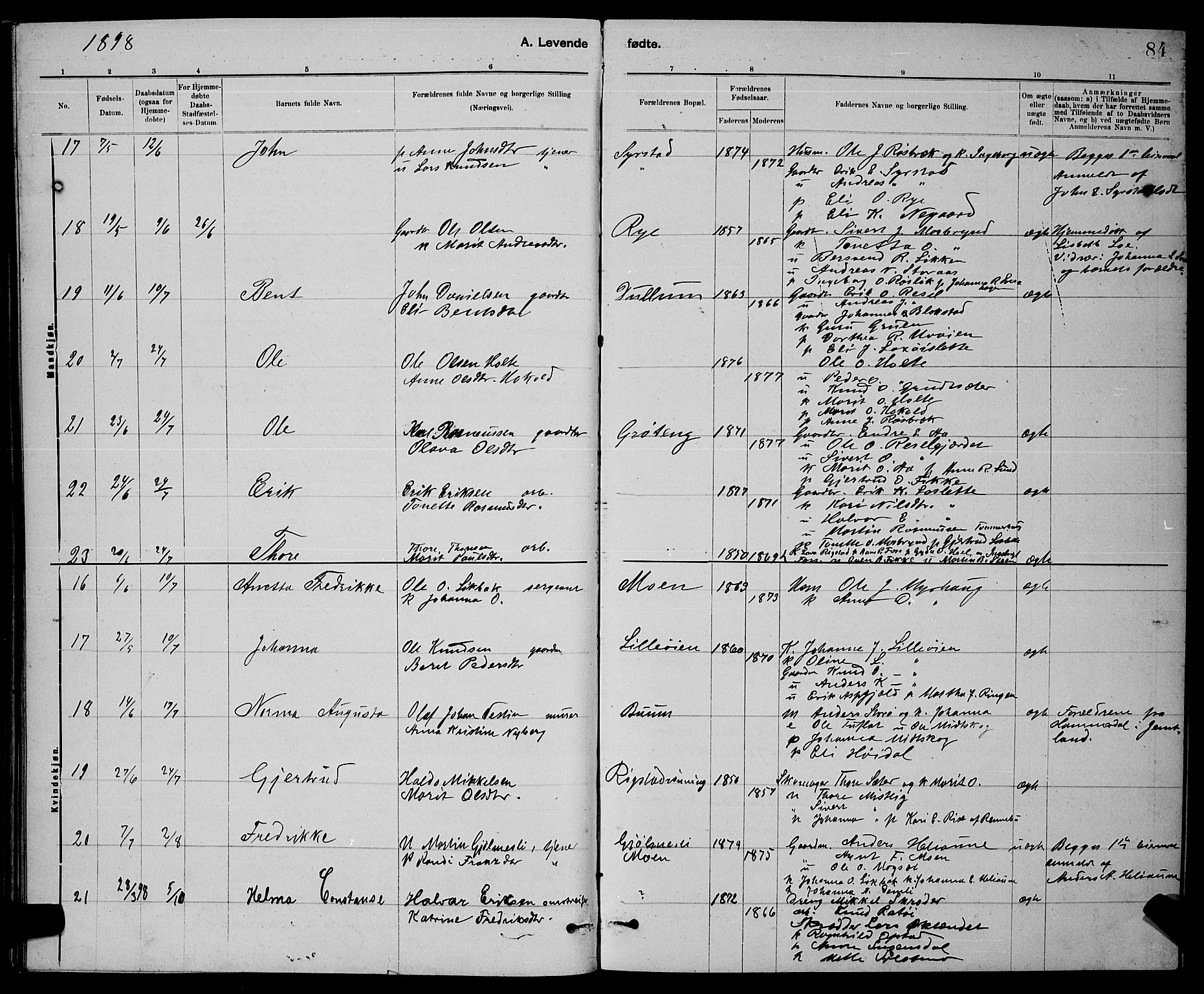 Ministerialprotokoller, klokkerbøker og fødselsregistre - Sør-Trøndelag, SAT/A-1456/672/L0863: Klokkerbok nr. 672C02, 1888-1901, s. 84