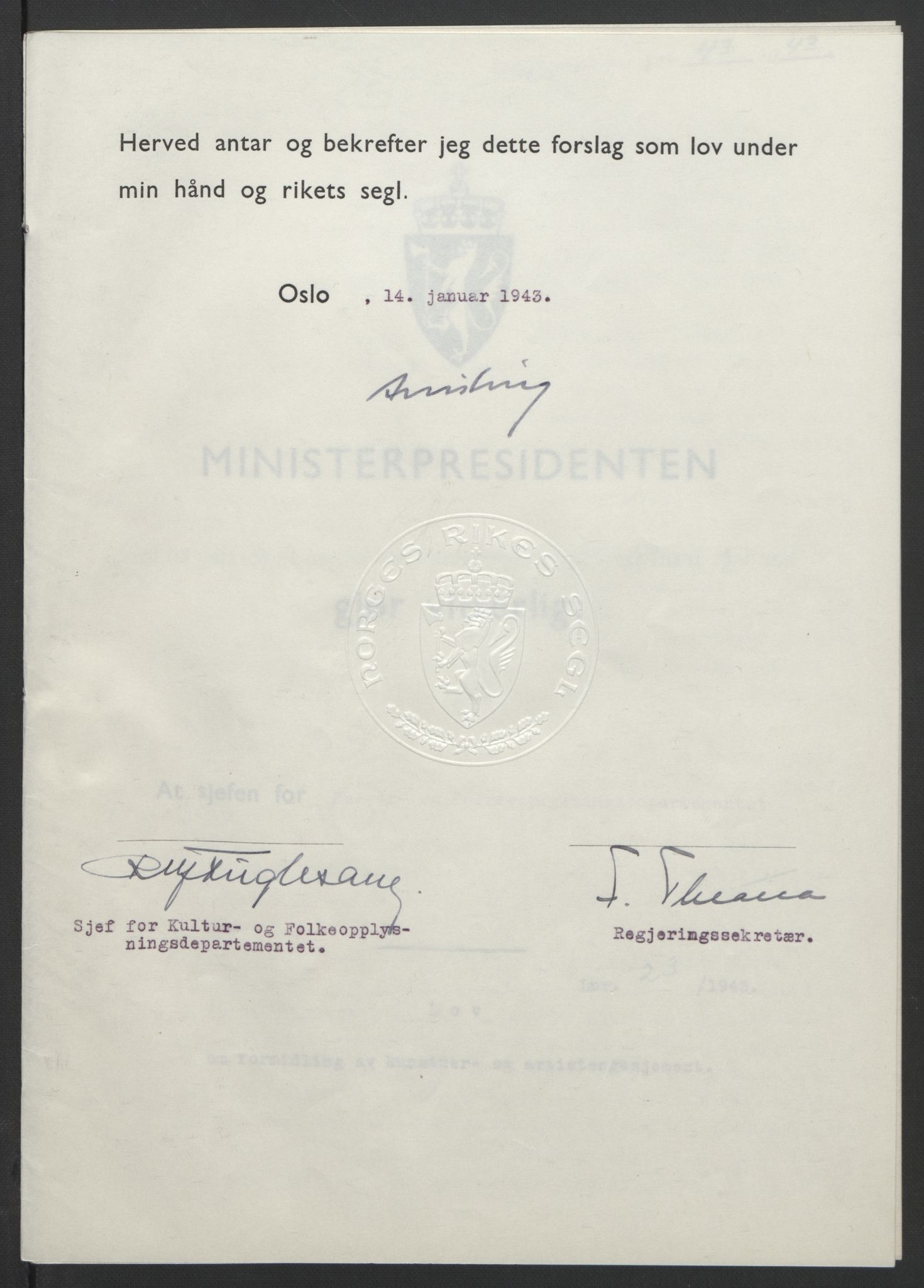 NS-administrasjonen 1940-1945 (Statsrådsekretariatet, de kommisariske statsråder mm), AV/RA-S-4279/D/Db/L0099: Lover, 1943, s. 96