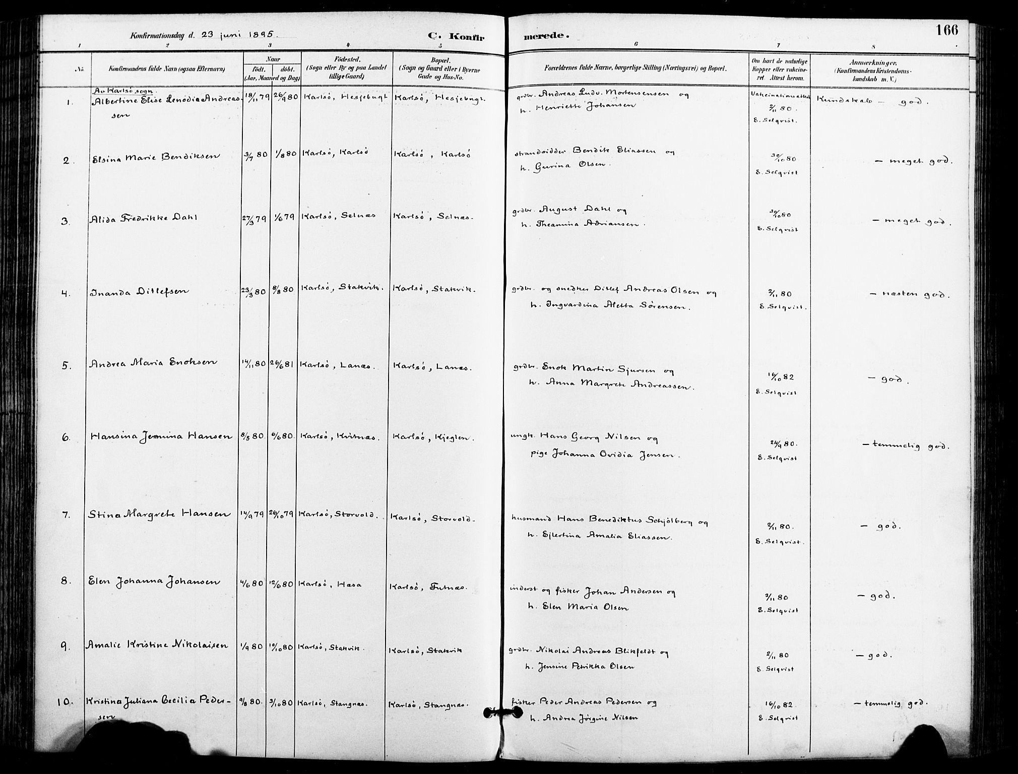 Karlsøy sokneprestembete, SATØ/S-1299/H/Ha/Haa/L0007kirke: Ministerialbok nr. 7, 1891-1902, s. 166